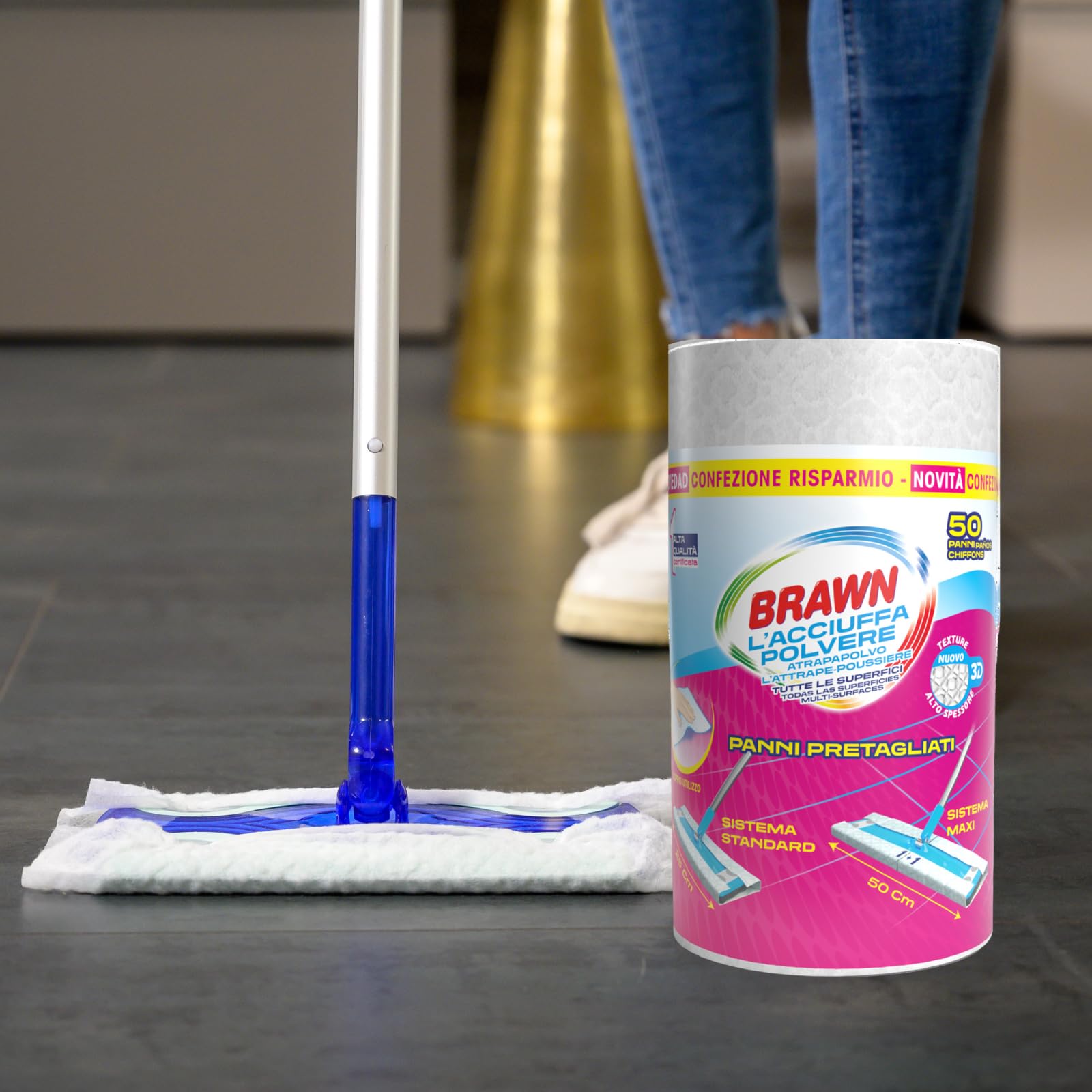 Image secondaire de Brawn HQ Rouleau avec Chiffons prédécoupés pour balais Standard et balais Maxi, Tissu en Texture 3D à Haute épaisseur avec Plus