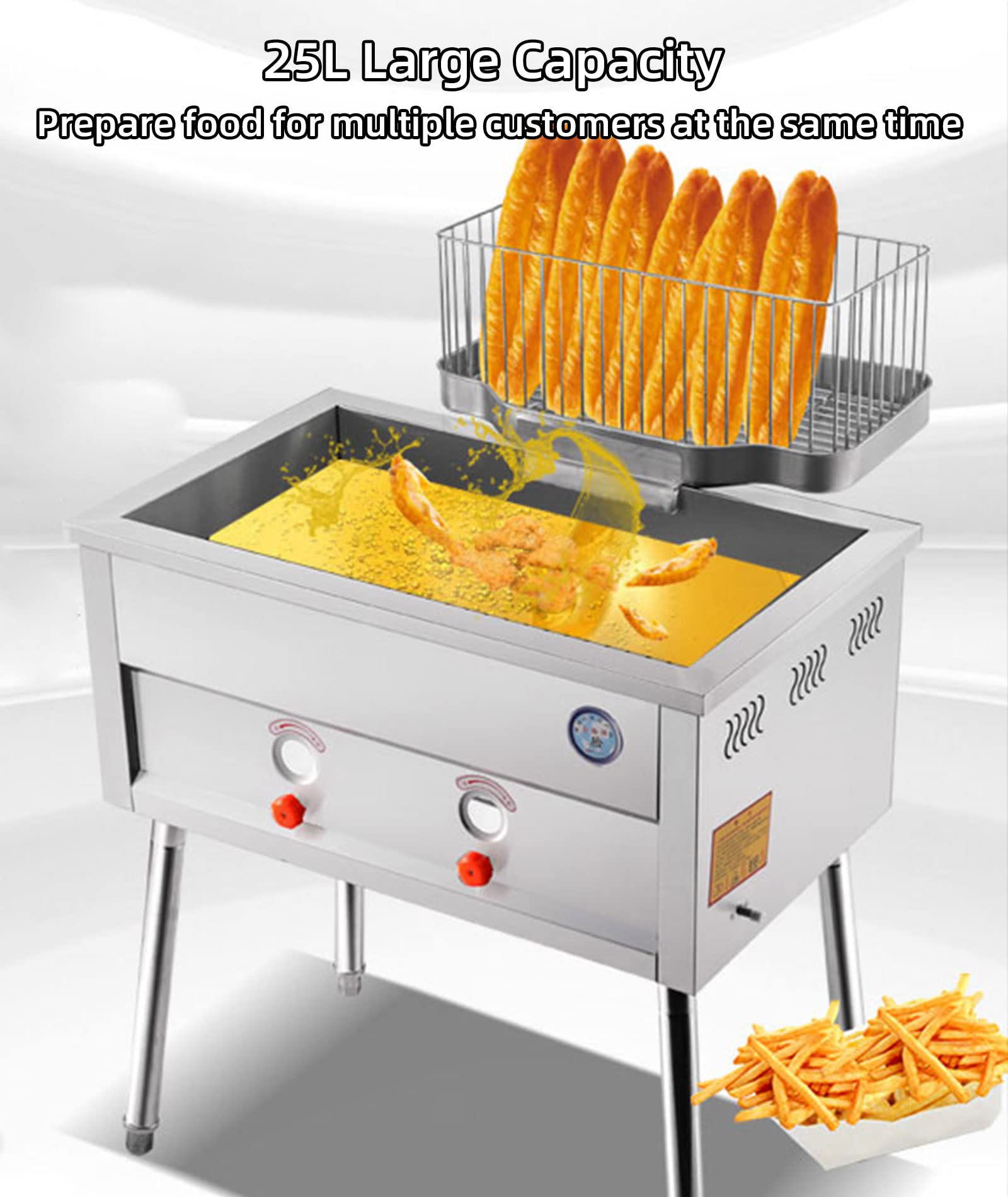 Freidora de gas comercial, freidora de restaurante de cocina independiente de acero inoxidable 23L, freidora de grasa profunda con cesta de drenaje extraíble, potencia de fuego ajustable, util
