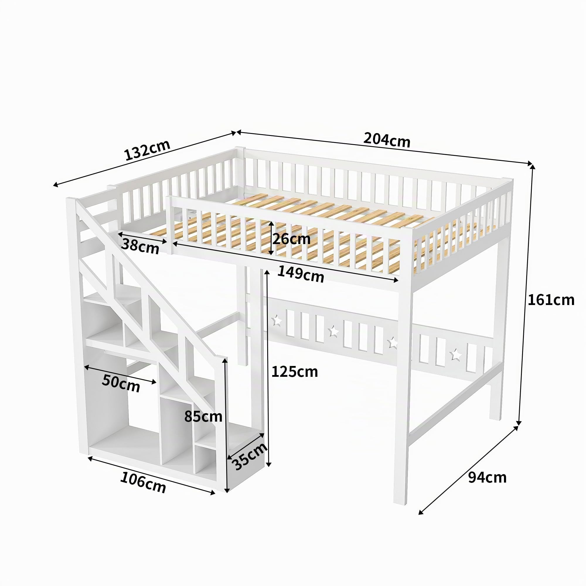 Letto a castello, 90 x 200 cm, letto a castello con scale e spazio di archiviazione, lettino per bambini con libreria e armadio, letto per ragazzi con rete a doghe, in legno massiccio, senza