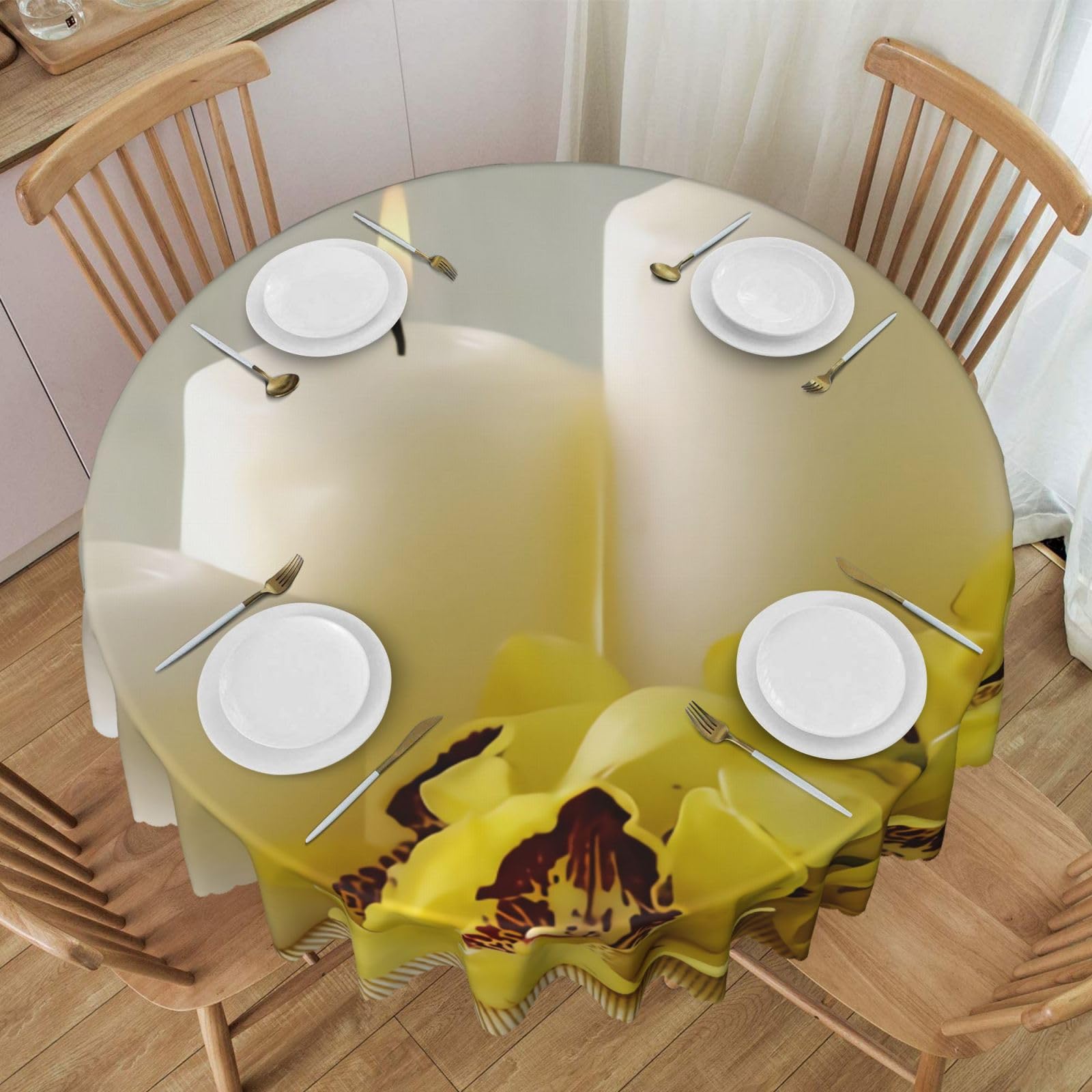 DCEHGEW 60 In Round Tablecloth with Lace, Yellow butterfly with White Candles Printed Oilproof & Washable Fabric Picnic Table Cloth Table Covers