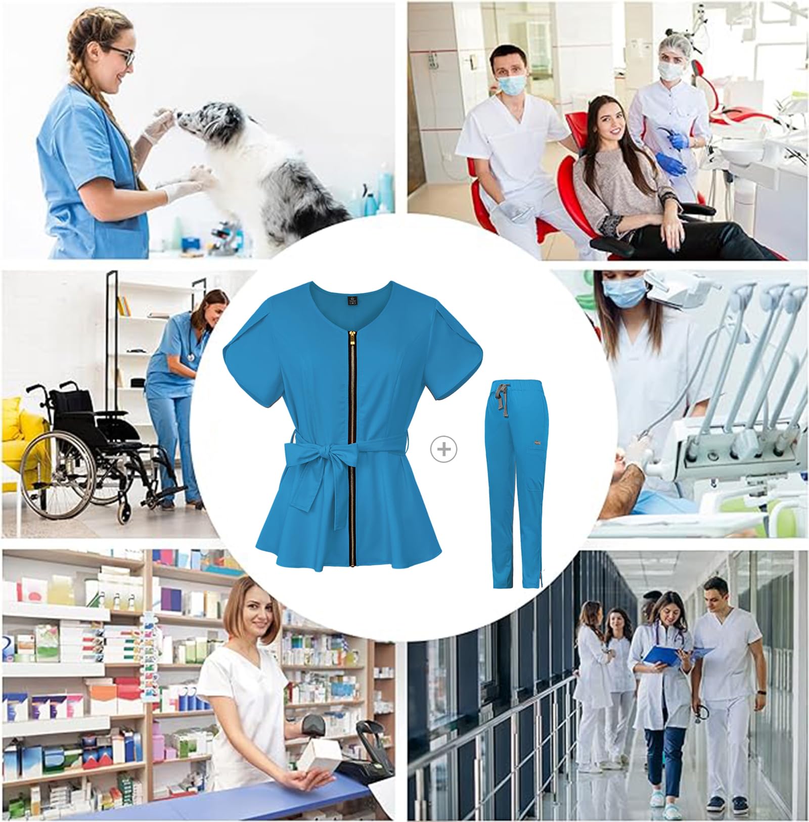 Uniforme Sanitaria Donna, Moda Sanitaria Set con Cerniera + Cintura Abbigliamento Medico Scollo a V Adatto per Infermieri, Dentisti