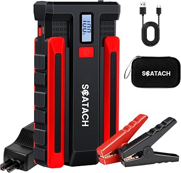 Scatach 6000A Car Battery Jump Starter، حزمة بطارية 12V Car Jumper Starter محمولة حتى 10.0 لتر بنزين ومحرك ديزل 8.0 لتر، صندوق قفز مزود بشاشة LED ومصباح يدوي وكابلات توصيل