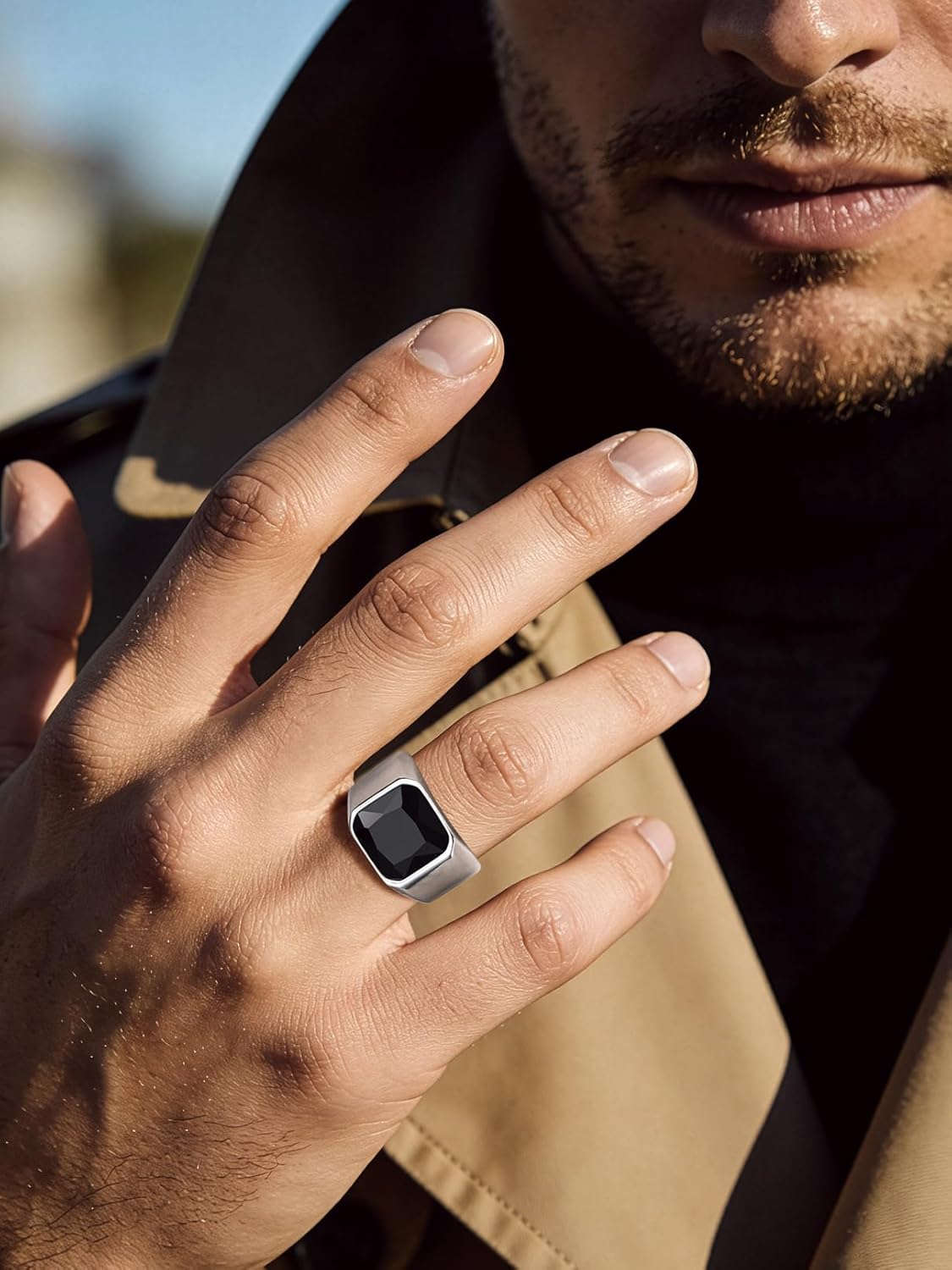 Bandmax Gemstone Signet Rings for Men, Stainless Steel Fancy Cut Cubic Zirconia Rings Blue Topaz/Emerald/Black Onyx/Ruby Ring Statement Ring Wedding Ring Size 7-14 - Image 6