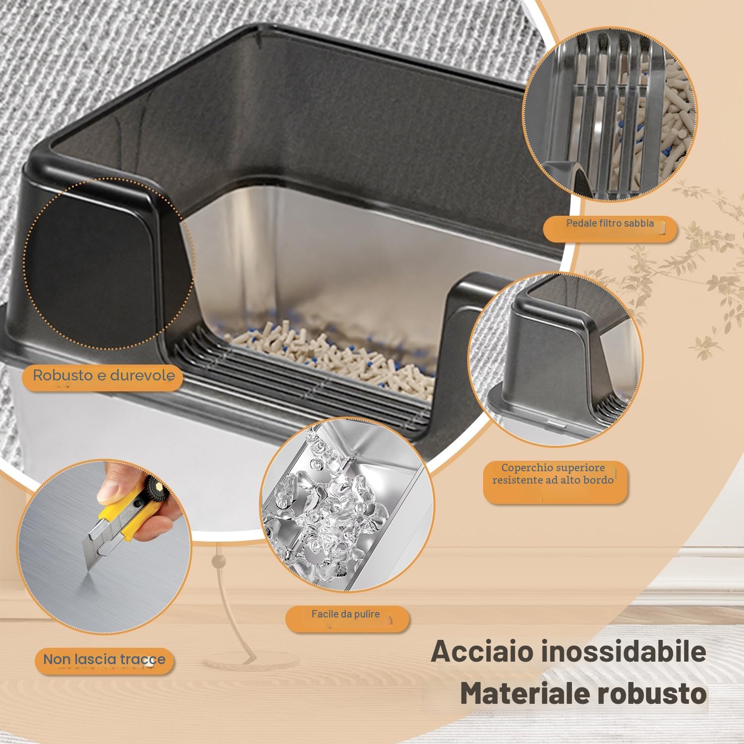 Lettiera per gatti in acciaio inox, 60 x 40 x 30 cm, in acciaio inox, con tappetino per lettiera e paletta, non si attacca ai residui, non attira odori