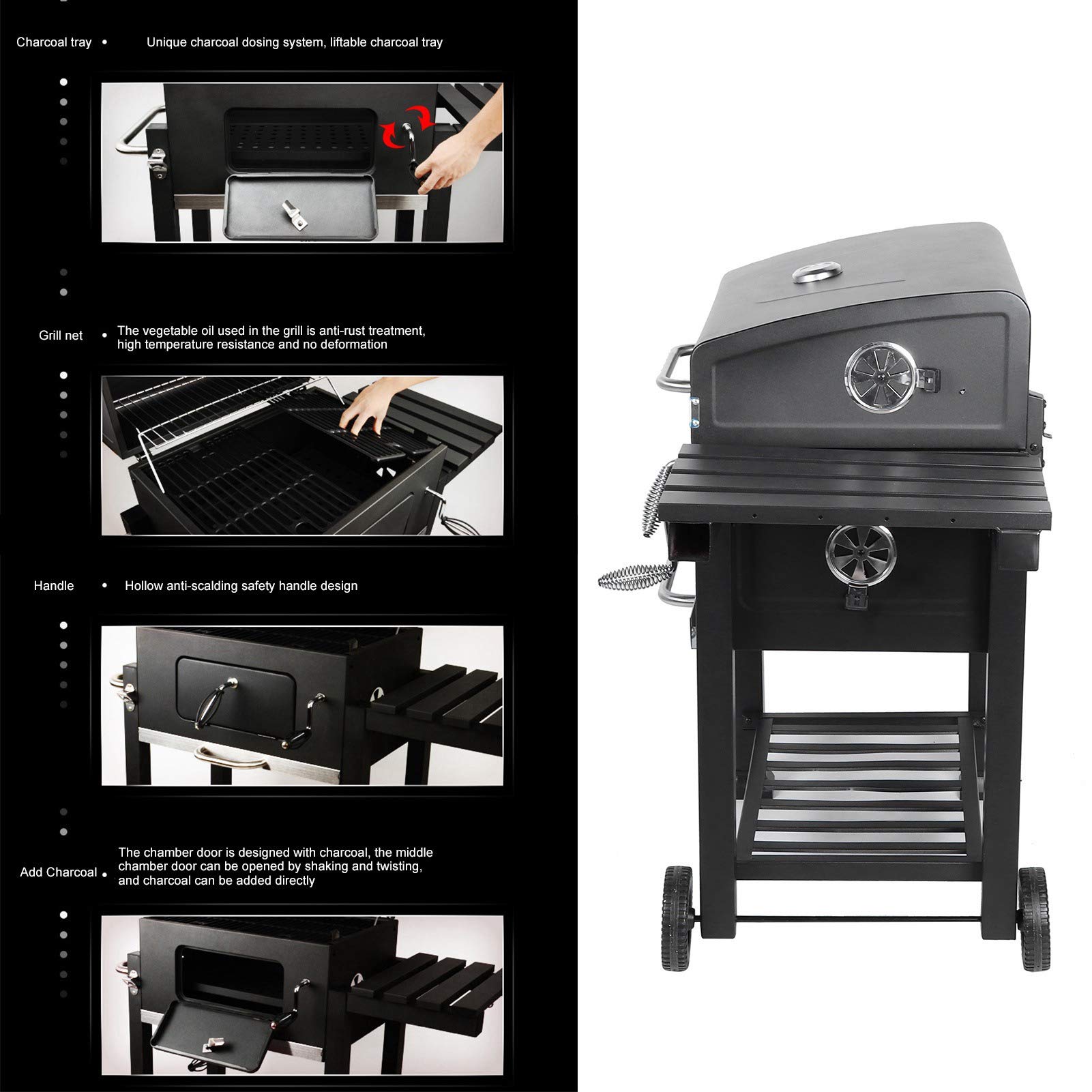 Carrello per barbecue Griglia a carbonella Griglia portatile Barbecue Griglia a carbonella Strumenti per cortile esterno Campeggio Escursione Picnic, 100 x 115 x 48 cm