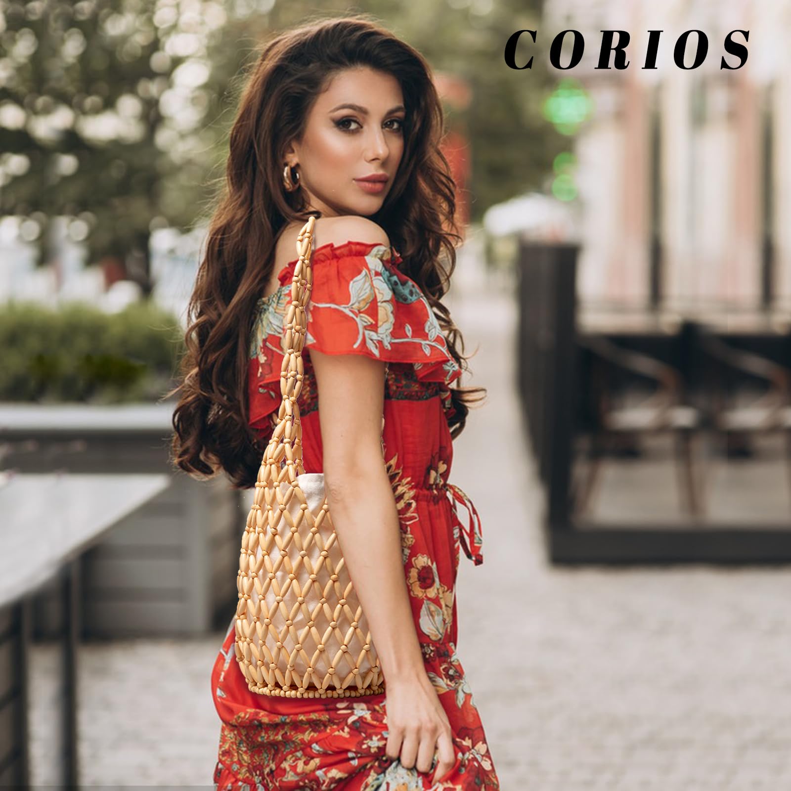 CORIOS Sac Seau à Cordon Sac Fourre-Tout Tissé à la Main Femmes Bois Perles Sac de Plage Sac Fourre Bohème Ajouré Sacs Cabas avec Poche intérieure Petit Sac à Main pour Vacances Voyage Plage Jaune