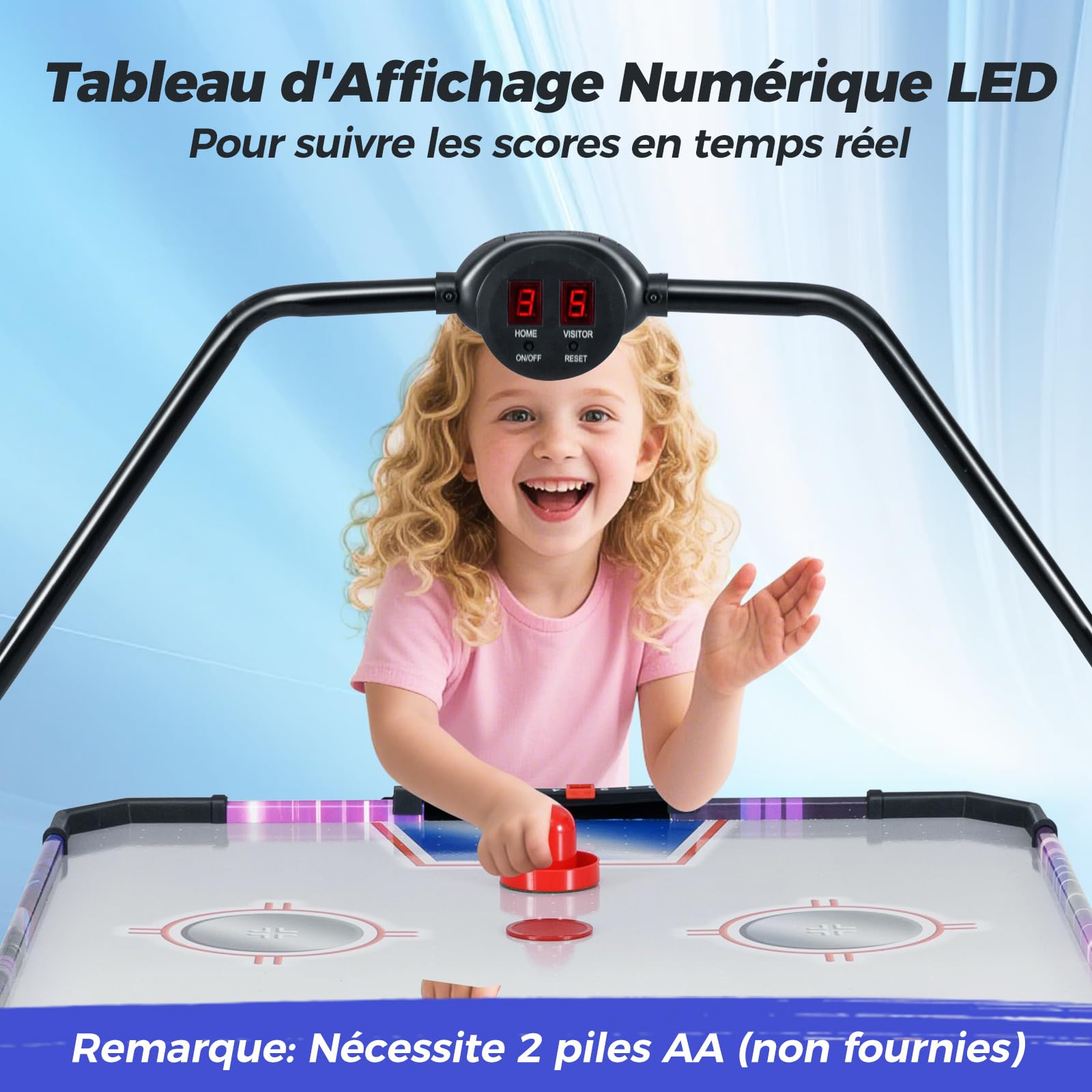 COSTWAY Table de Hockey à Air avec Marqueur Électronique LED & Ventilateur 12V, Table de Jeu Compact de 144cm avec 2 Palets & 2 Poussoirs, Coussinet Réglable, Air Hockey pour Adultes et Enfants