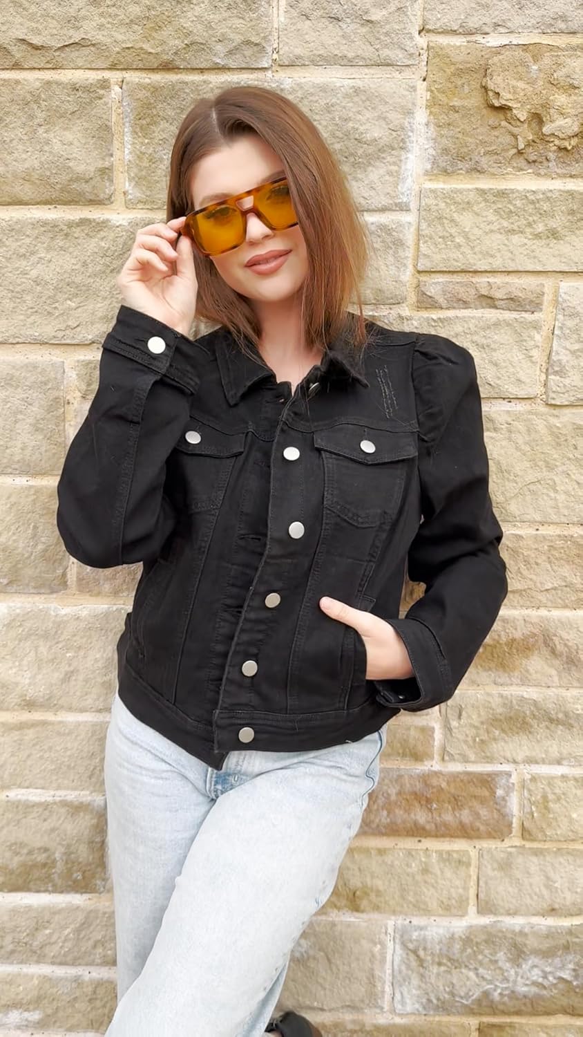 Anienaya Women's Jean Jacket Cropped Denim Jackets Stretchy Puff Long Sleeve Ripped with Pockets - Image 3