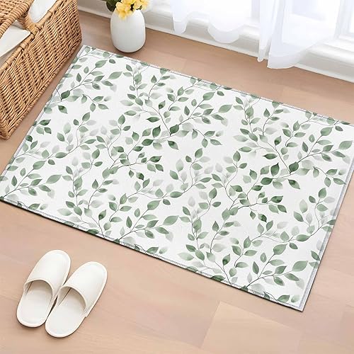 Miniatura 12 de Round Rugs 6ft, Gray Eucalyptus Leaves Non-Slip Area Rugs for Living Room Bedroom Entryway, Summer Botanical Watercolor Retro Washable Carpet Runner