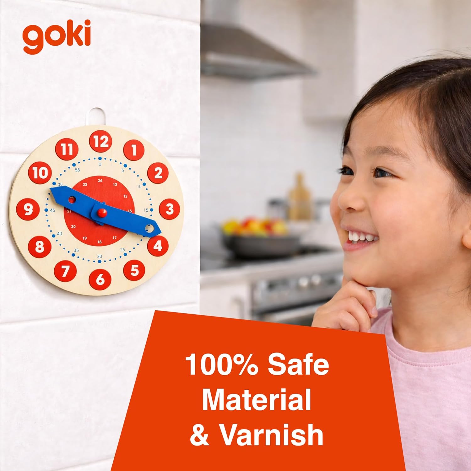 Goki Wooden Learning Clock for Kids - Educational Telling Time Teaching Clock for Toddlers & Kindergarten - Wooden Learning Toys I Toddler Educational Toys I Designed in Germany