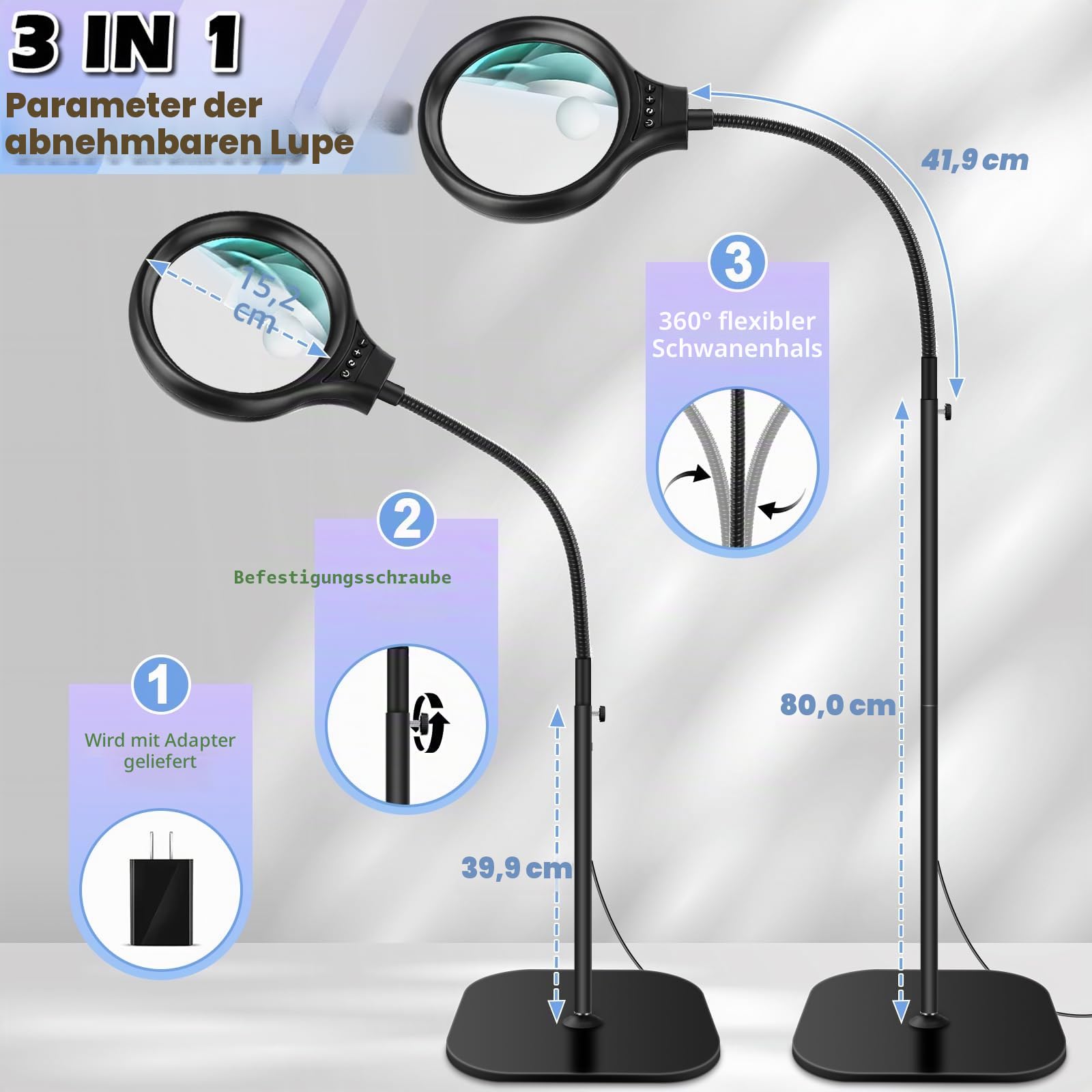 NZQXJXZ 10X 30X Lupe mit Licht und Ständer, 2-in-1 Lupenlampe | mit Flexiblem Schwanenhals und 36 Einstellbare Helligkeits-LEDs, 3 Farbmodi, Lupenleuchte zum Naharbeit, Nähen,Basteln,Hobbys