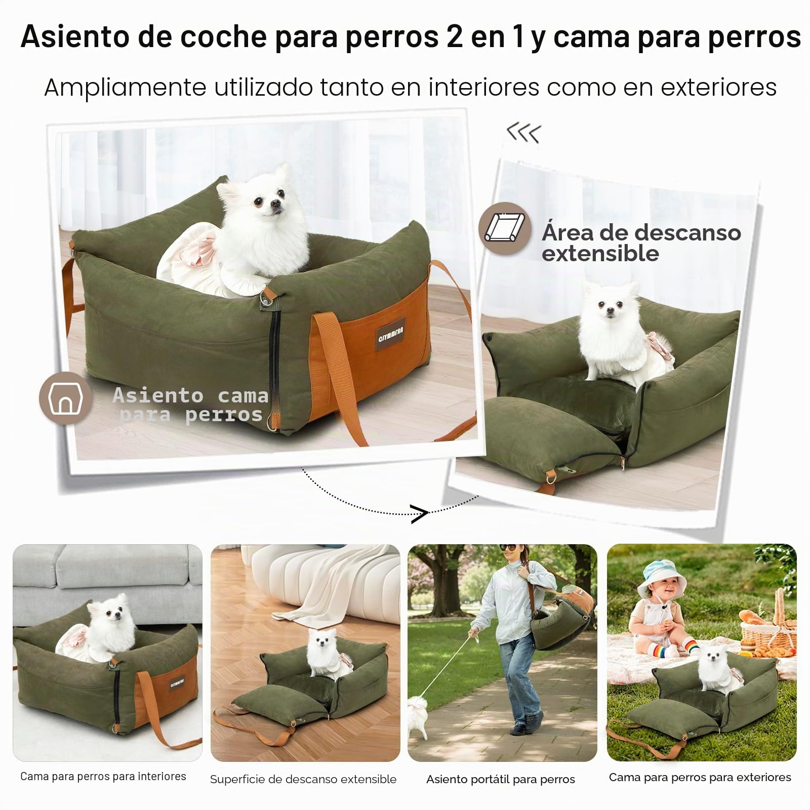 Cesta portátil para perros pequeños y medianos de menos de 15 kg con zona de descanso extensible, extraíble y lavable, cama con compartimentos de almacenamiento