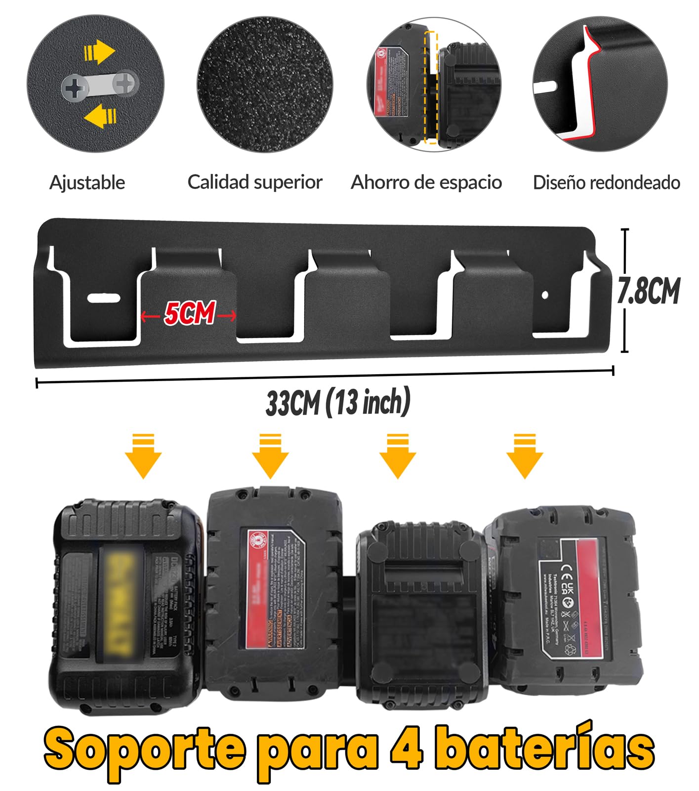Soporte de Pared para 4 Bateras compatible con Dewalt 18V/20V, Soporte para Bateras de Acero para Bateras de Herramientas, Montaje en Paneles Perforados y Paredes