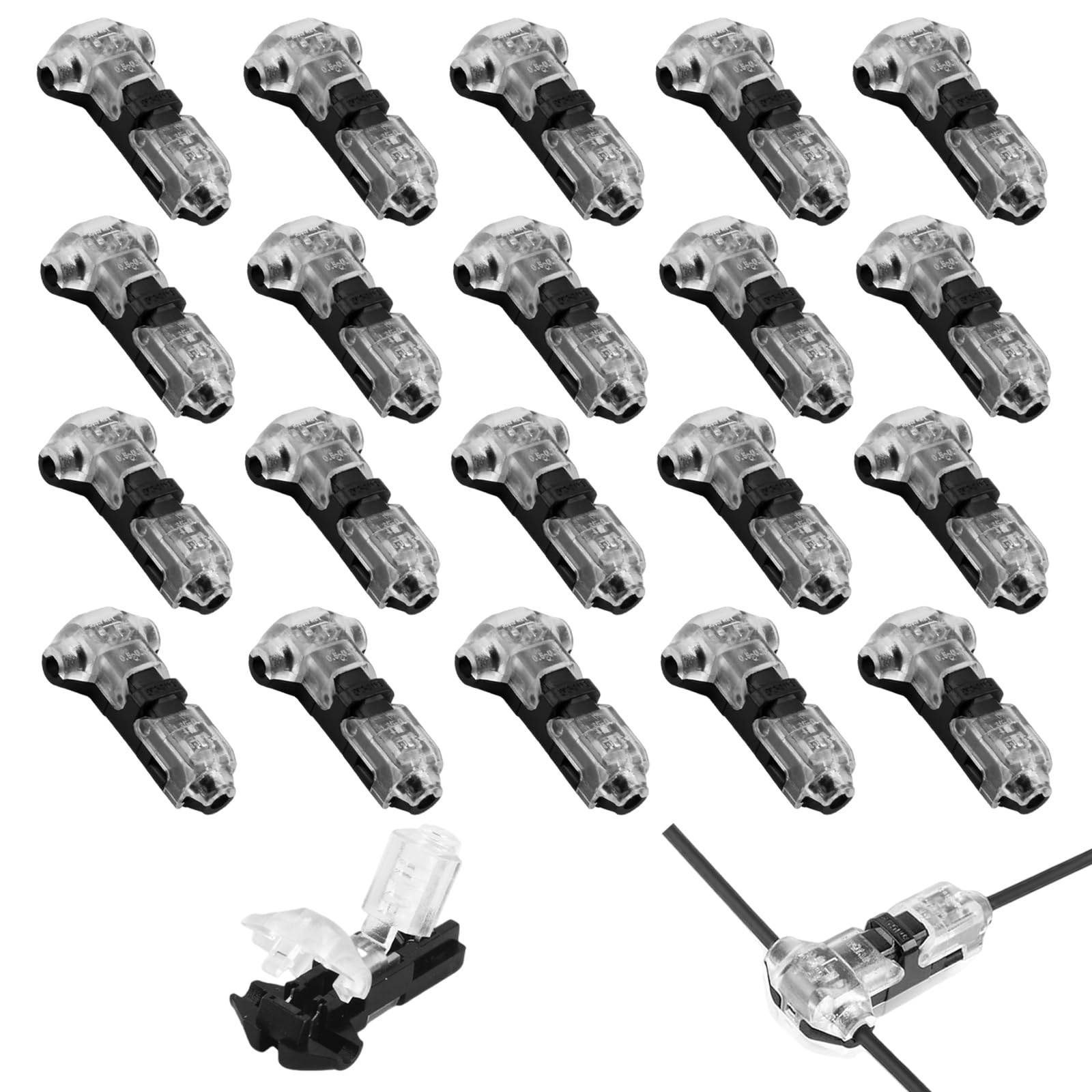20 Pcs T Tap Wire Connectors, Low Voltage No Stripping Quick Electrical Connectors, for 18-22 AWG LED Strip, Audio, Vehicles and Electrical Applications,Heat Resistant Copper Solderless