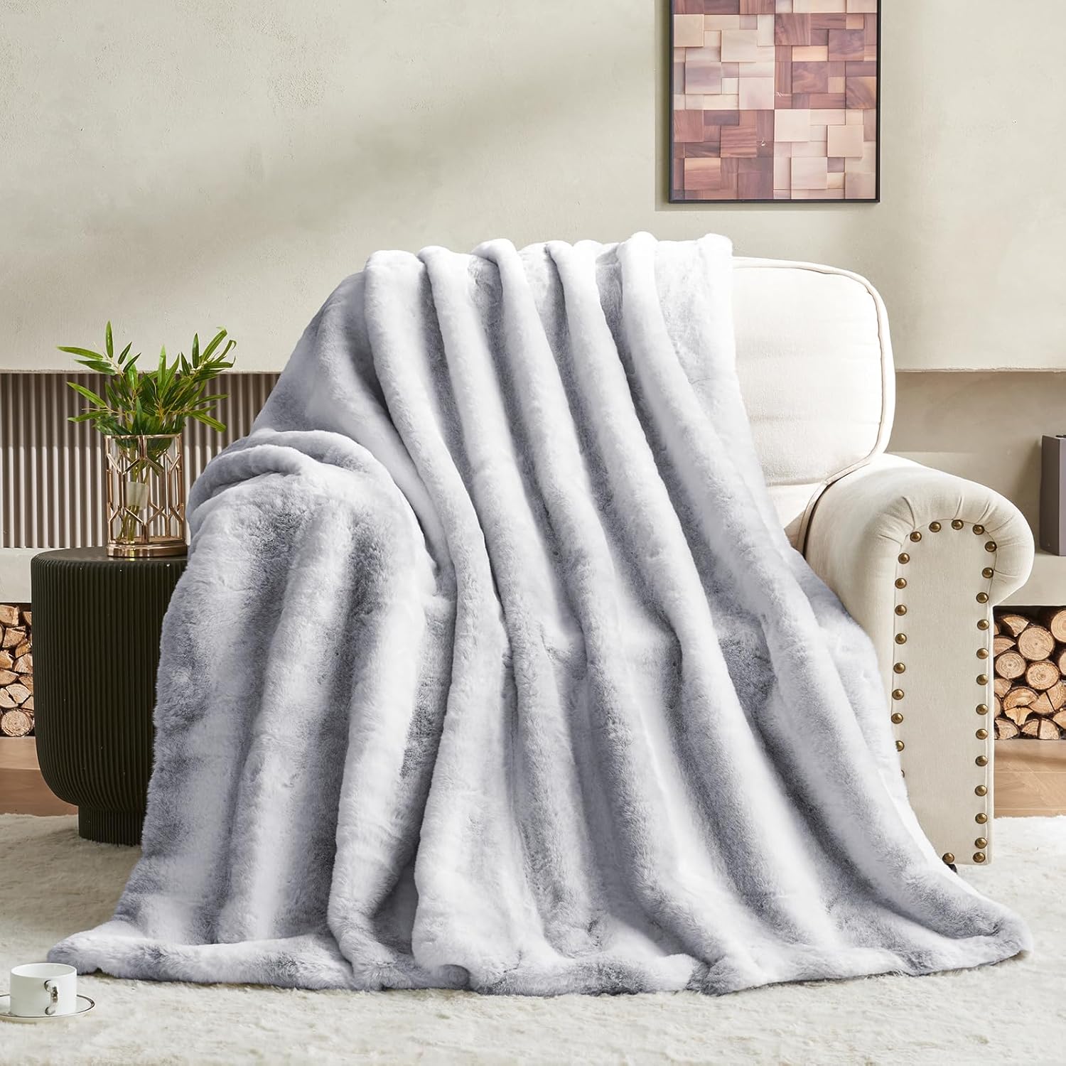 luxury faux fur blanket - soft warm plush blankets for couch sofa bed, fluffy thick throws for bedroom, office, living room, decorative reversible, not easy to shed - 70"x90", grey/white grey/white 70"x90"