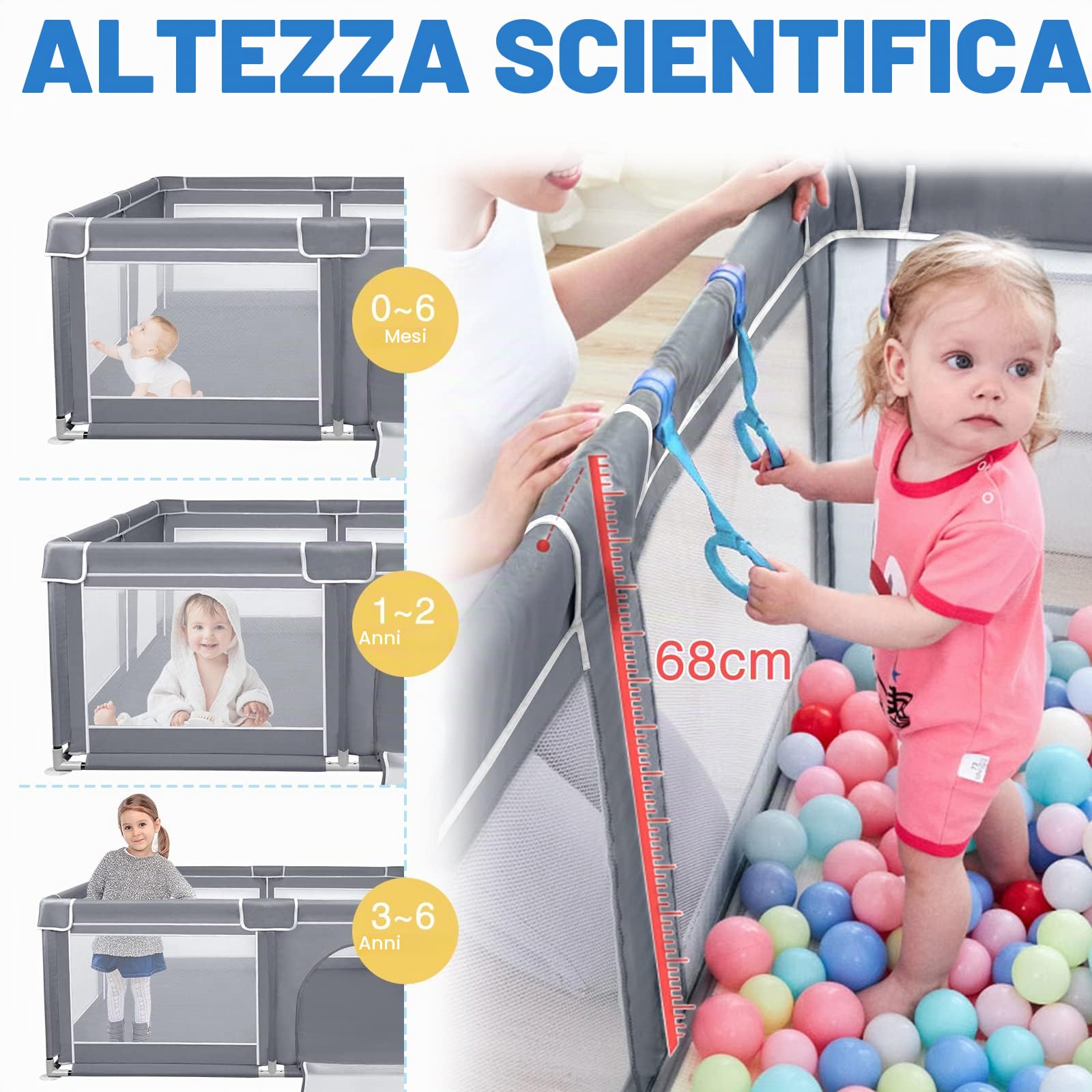 LZQ Recinto Gioco Grigio per Bambini, Ventose Fisse, 150x180x68 cm | Rete traspirante trasparente, struttura robusta, antiscivolo, sicura protezione bimbi, montaggio semplice e veloce