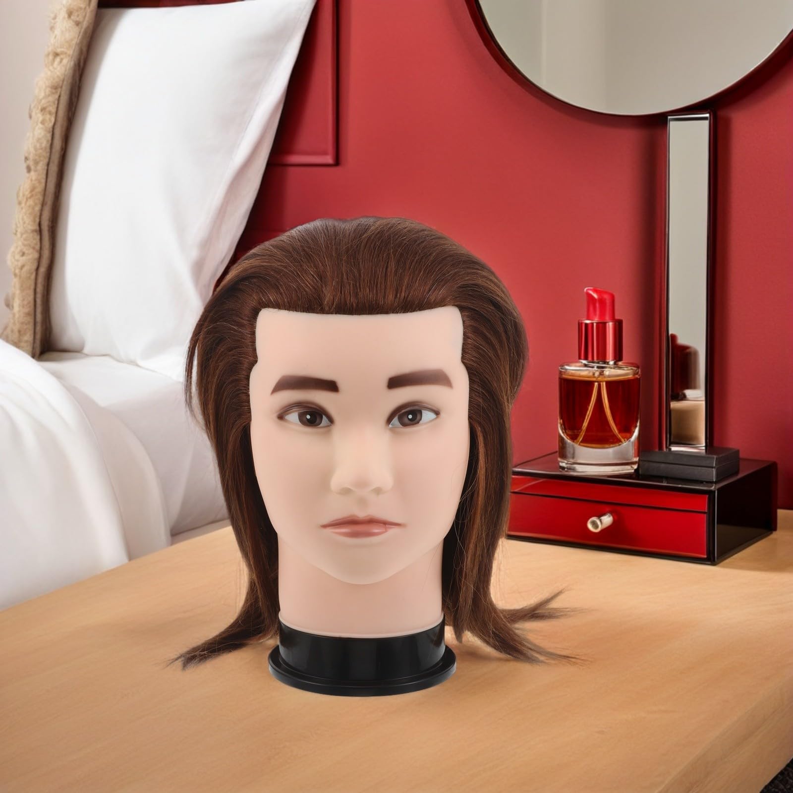 VALICLUD Übungskopf mit Echtem Haar Braun Friseur Schneidepuppe für Herrenhaarstyling und Kosmetikpraxis für Friseurausbildung und Bartpflege