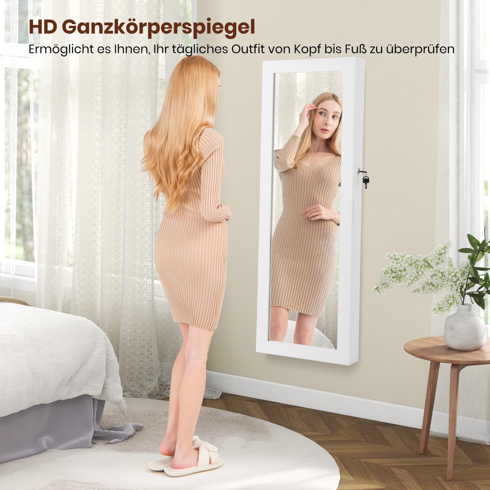 RELAX4LIFE Schmuckschrank hängend, Spiegelschrank mit 2 Schubladen & 2 LEDs & Schloss, Schmuckorganizer für Ohrringe & Armband & Kette & Ringe & Kosmetik, Tür- & Wandmontage (Weiß)