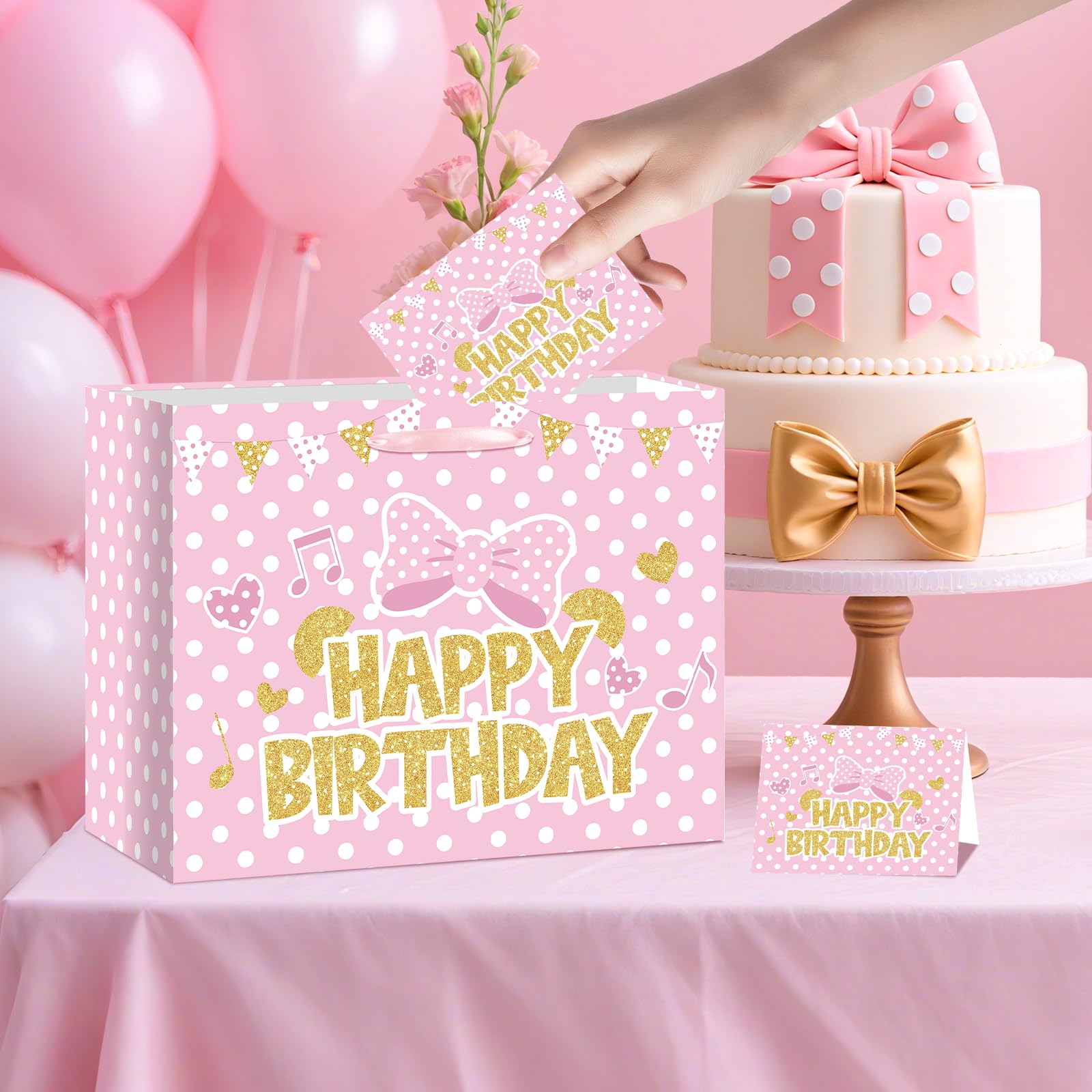 Cartoon Mouse Birthday Gift Bag with Tissue Paper and Card Pink Gold Bow Wrapping Paper Bags Large Princess Mouse Themed Birthday Party Favor Bags for Girls Bday Baby Shower Party Supplies Decorations
