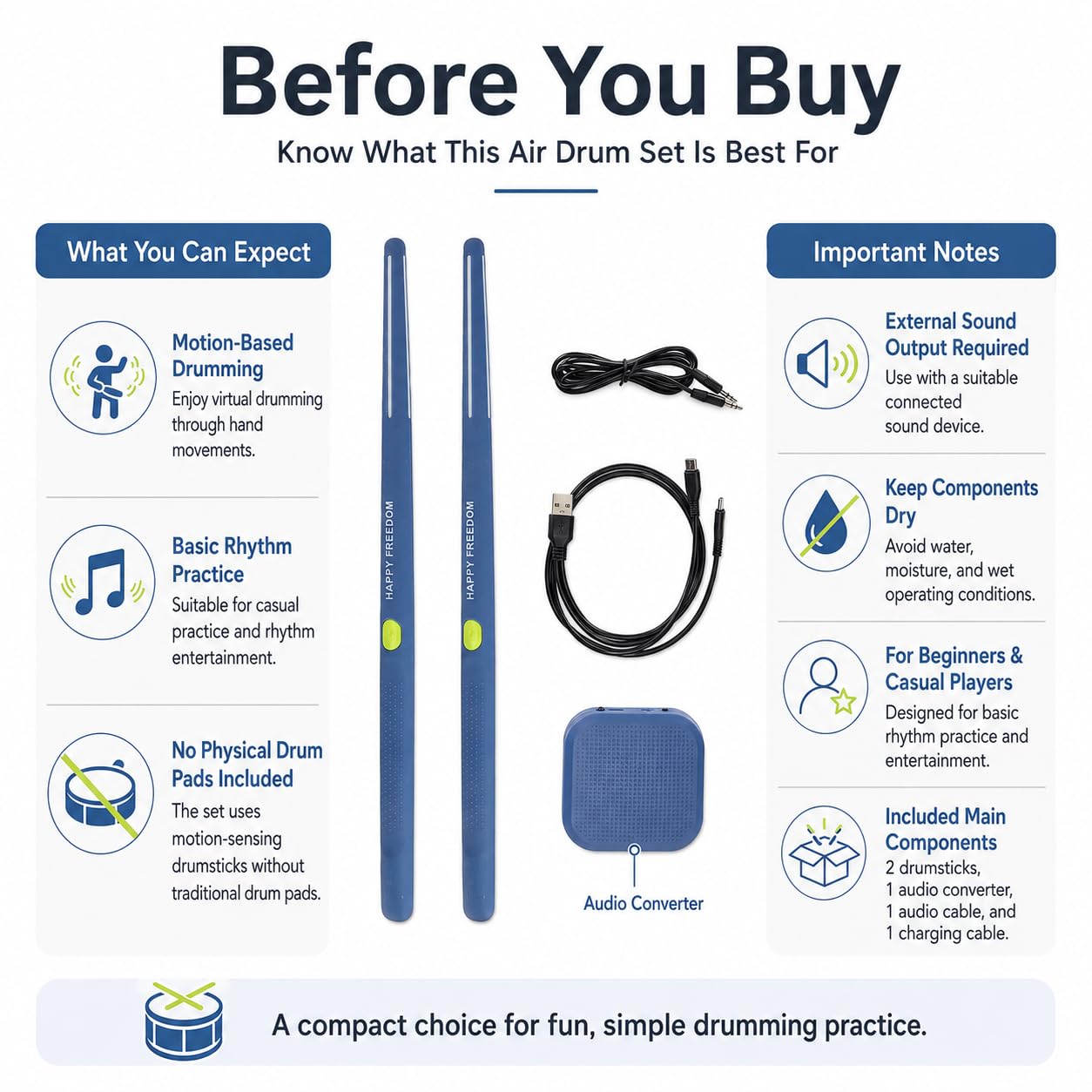 Air Drum Set Reconocimiento de detección de movimiento Baquetas de aire eléctricas compactas portátiles para adultos Niños Principiantes Cian niños amigos amantes (Azul)