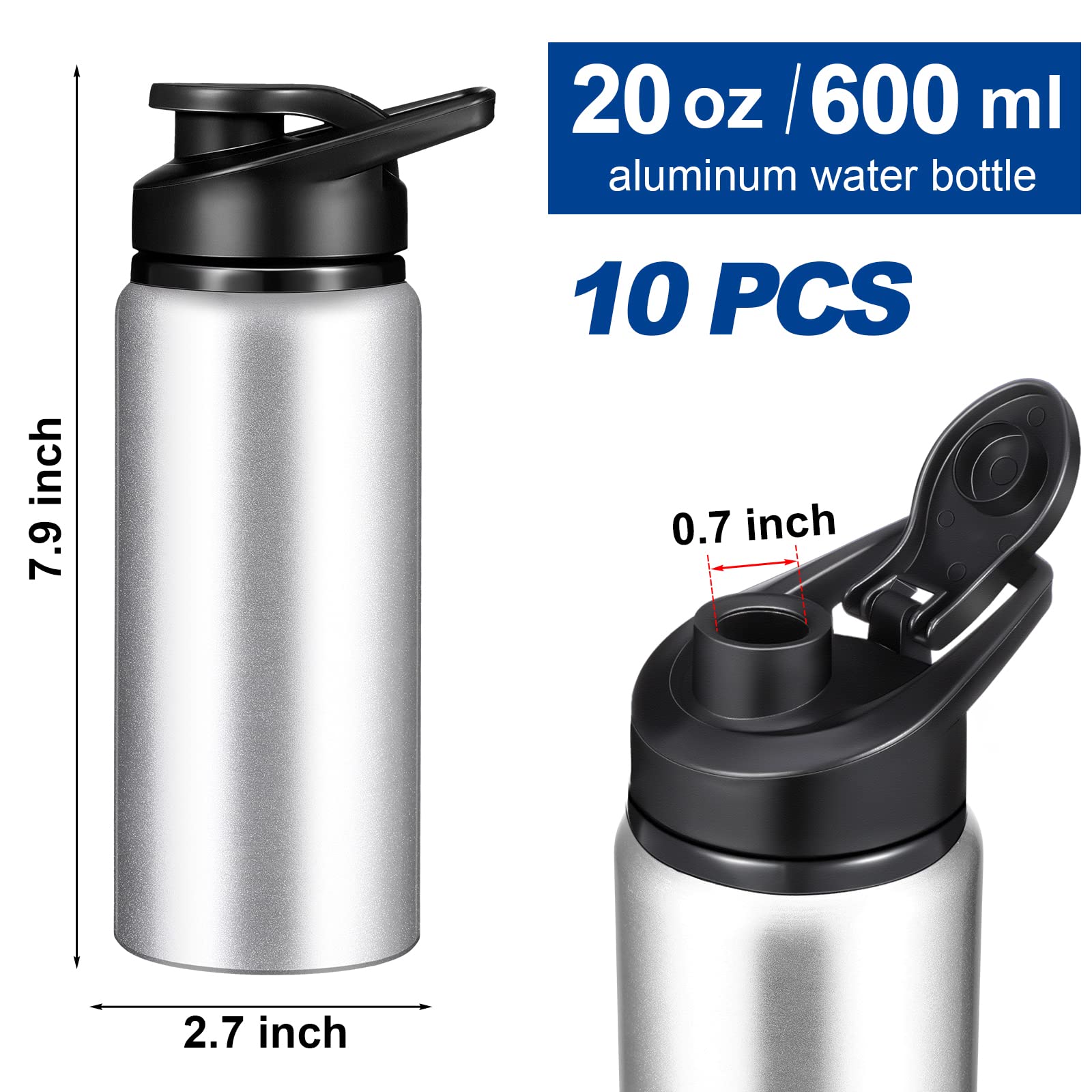 10 bottiglie d'acqua in alluminio riutilizzabili in alluminio, con coperchio a scatto leggero, facili da trasportare a prova di perdite, per palestra, sport, campeggio, escursionismo, pesca (argento)