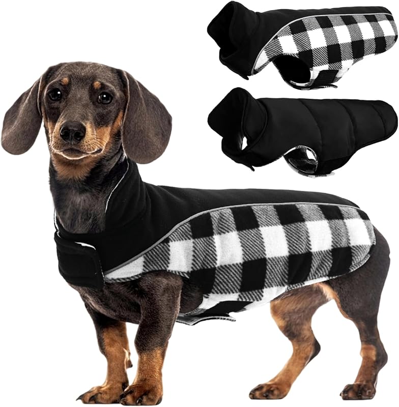 Kuoser Abrigo de invierno para perros, campera reversible impermeable para perros con tira reflectante, chaleco polar cálido para perros, ropa ajustable para clima frío, traje de Navidad a cuadros, ropa para mascotas para perros pequeños, negro XS