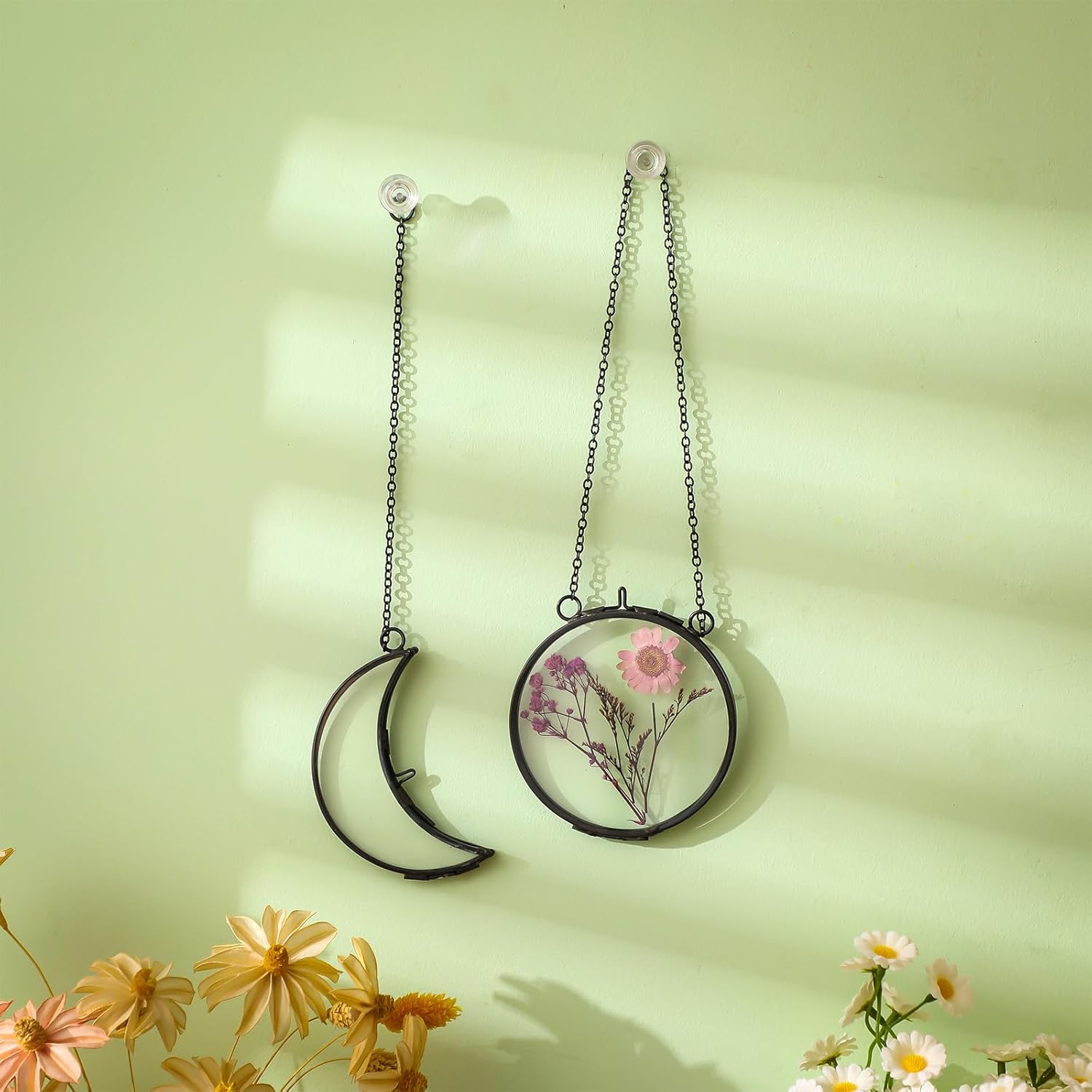 Qunclay 4 Pcs Pressed Flower Frames Bulk Double Glass Floating Hanging Photo Frame Sun Moon Clear Pressed Flower Decor with Chain for DIY Crafts Artwork Display Gallery(Black,3.5 x 2.5 Inch)