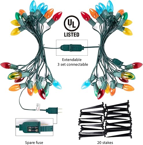 Miniatura 5 de Paquete de 2 luces de camino de Navidad C9 para exteriores, total de 51.4 pies de luces de pasarela con 40 bombillas transparentes, luces de estaca