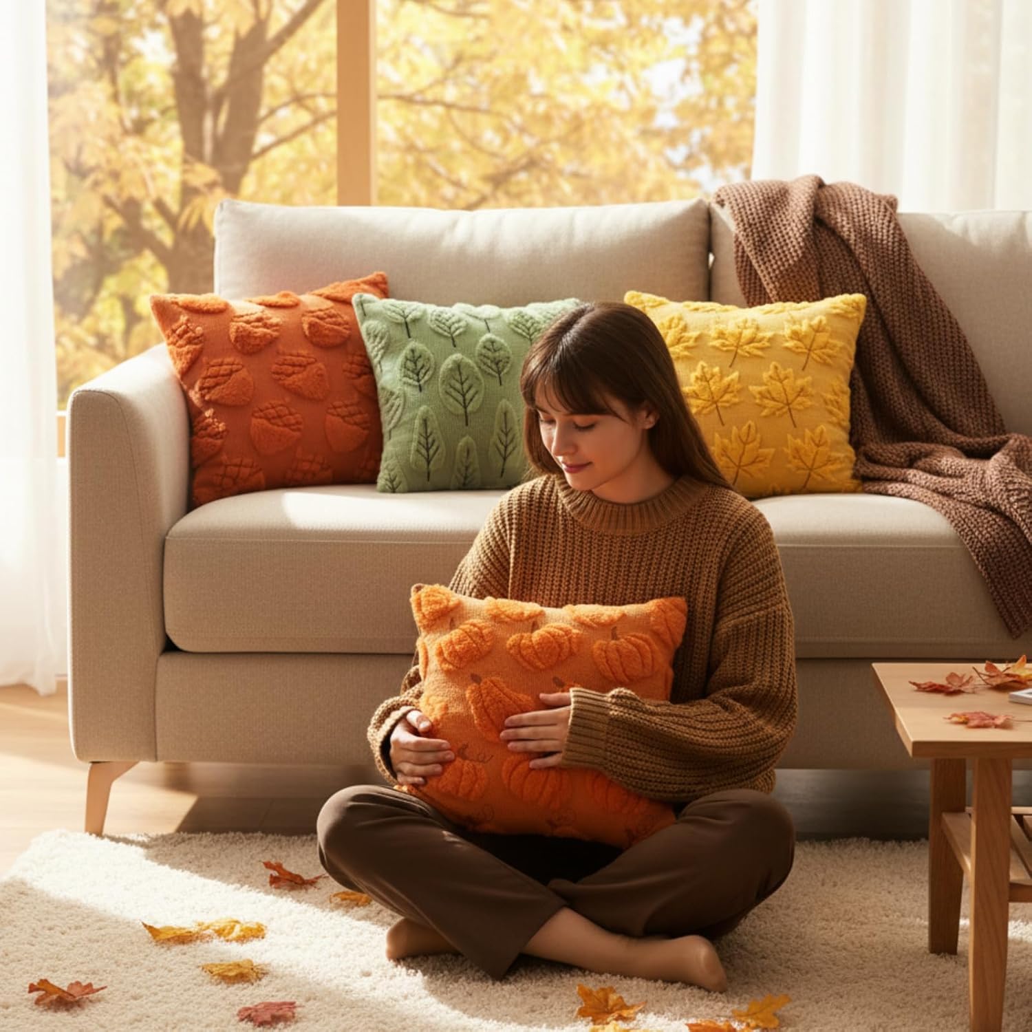 Tiamon 4 Pcs Fall Throw Pillow Covers 18 x 18 Inch Autumn Pillow Cases 3D Embroidered Pumpkin Leaf Plush Fluffy Faux Fur Cushion Covers for Thanksgiving Harvest Decoration Farmhouse Home Sofa Couch