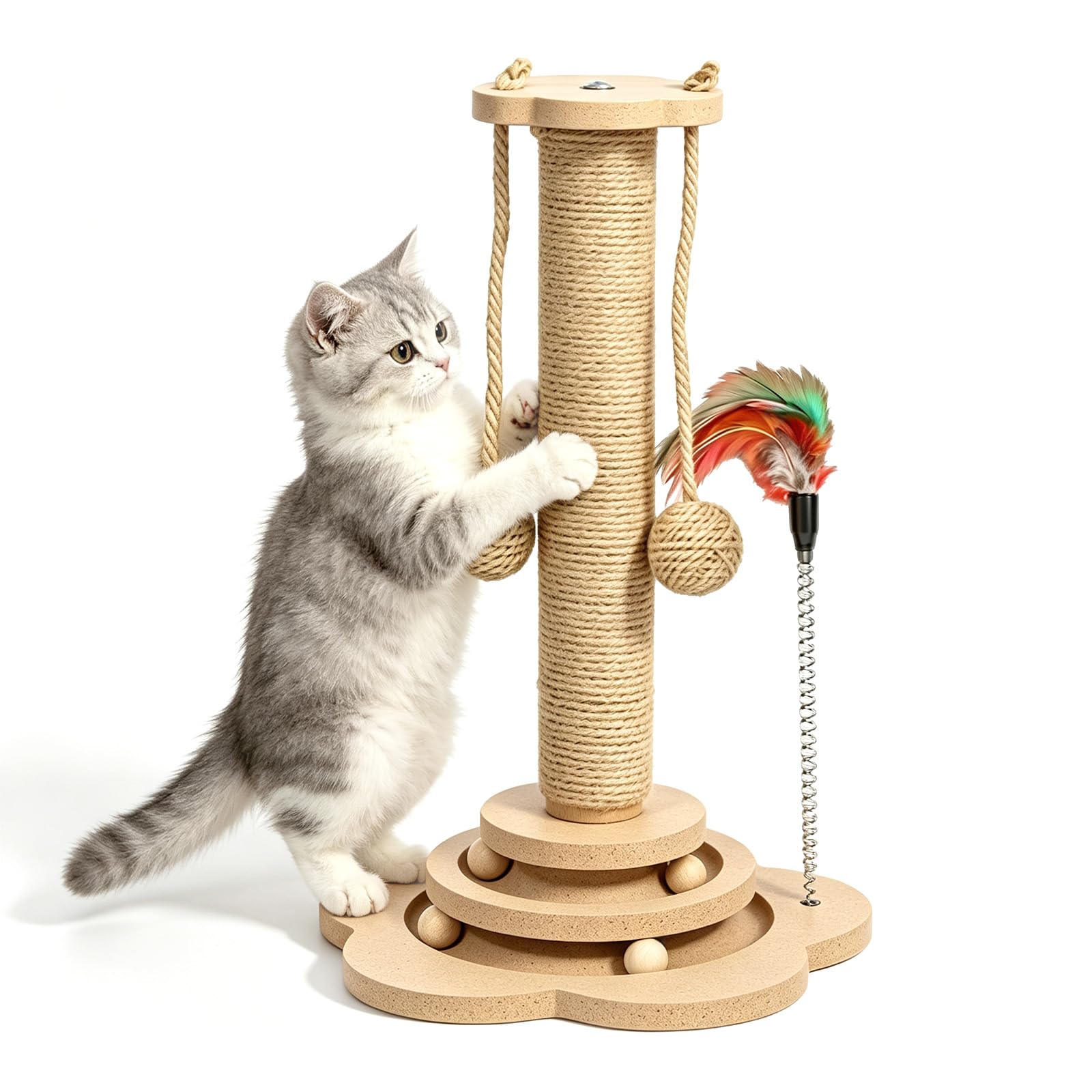 Cat Scratching Post for Indoor Cats, Tall Cat Scratcher Post with Solid Wooden Base & Natural Sisal, Multifunctional Kitten Scratch Pole with Interactive Track Ball Toys, Spring Feather Toy & Play