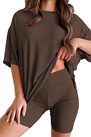 Womens 2 Piece Lounge Set 2026 Summer Travel Outfit Casual Short Sleeve Oversized Tshirts & Biker Shorts