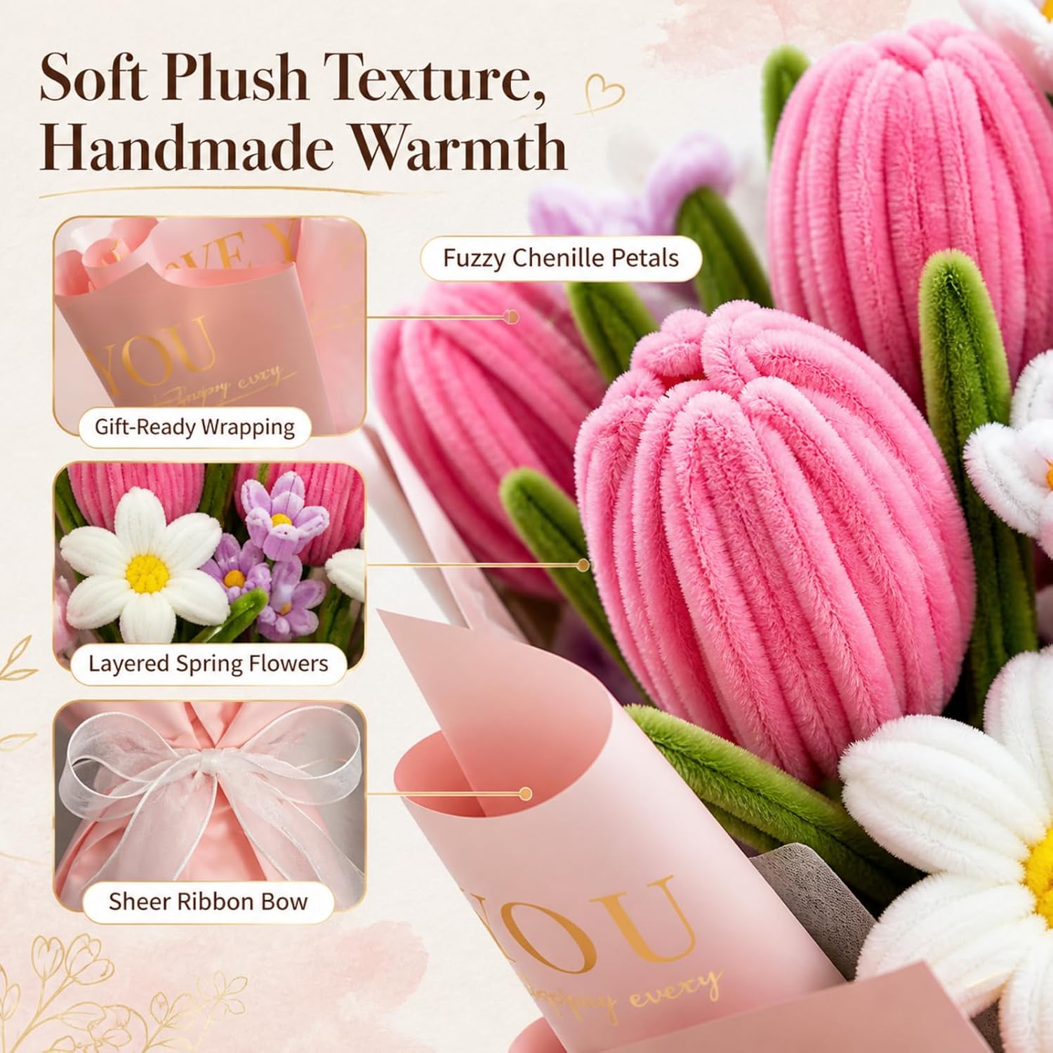 Pipe Cleaner Bouquet Making Kit, DIY Chenille Stem Bouquet Supplies to Create Handmade Pipe Cleaner Tulip, Premium Fuzzy Stick Flower Bouquet Craft Set for Home Decor & Gift Making（No Glue Gun）