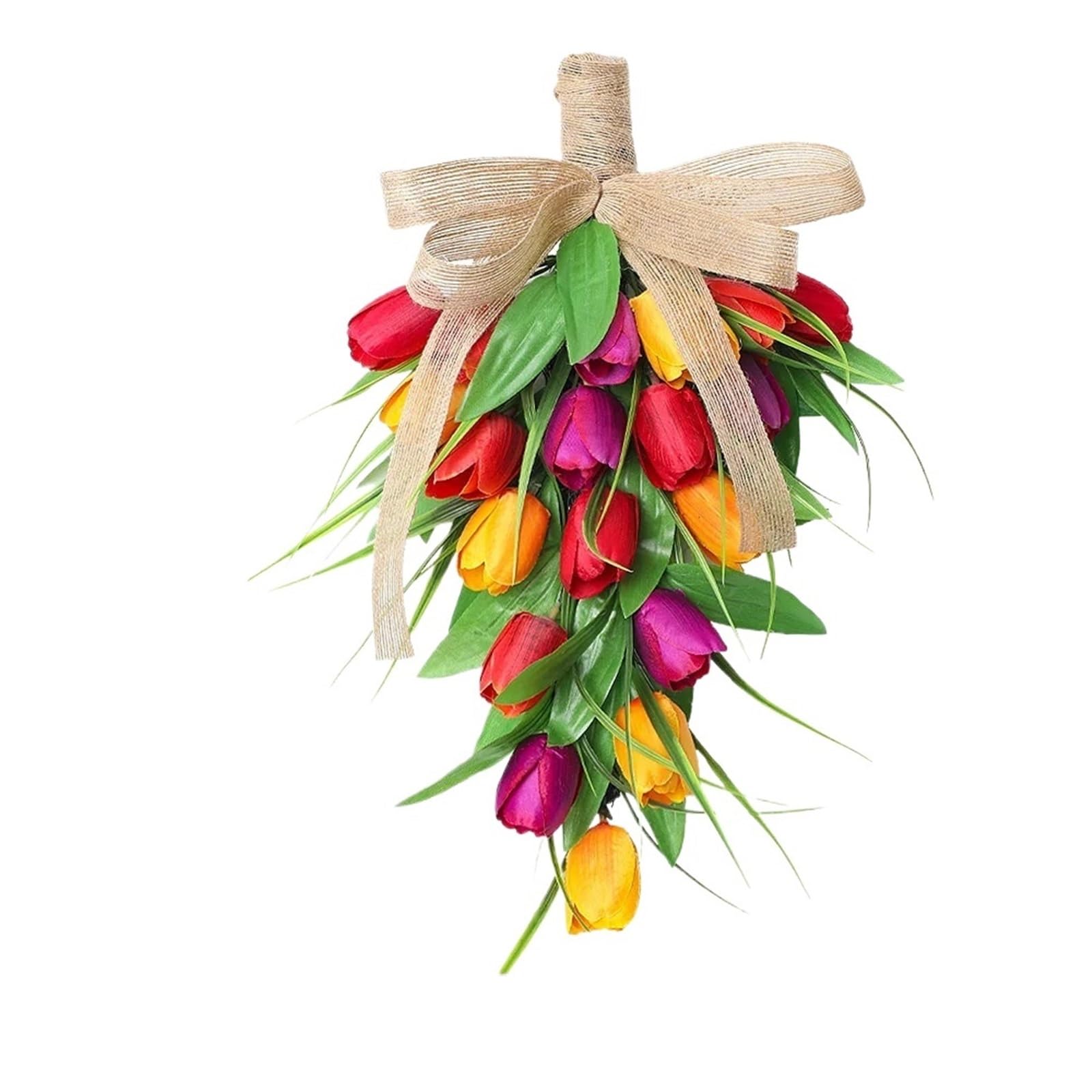 Door Wreath 2pcs Handmade Artificial Tulips Flowers Teardrop Swag With Burlap Bow Spring Easter Wreath For Front Door Decor(Red Orange)