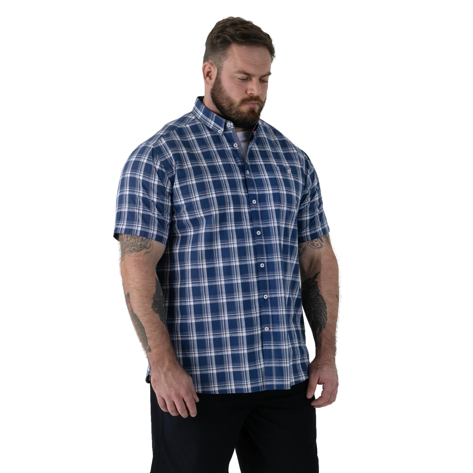 D555 French Check Button Down Collar Shirt With Pocket, Navy, Size 3Xl, Men