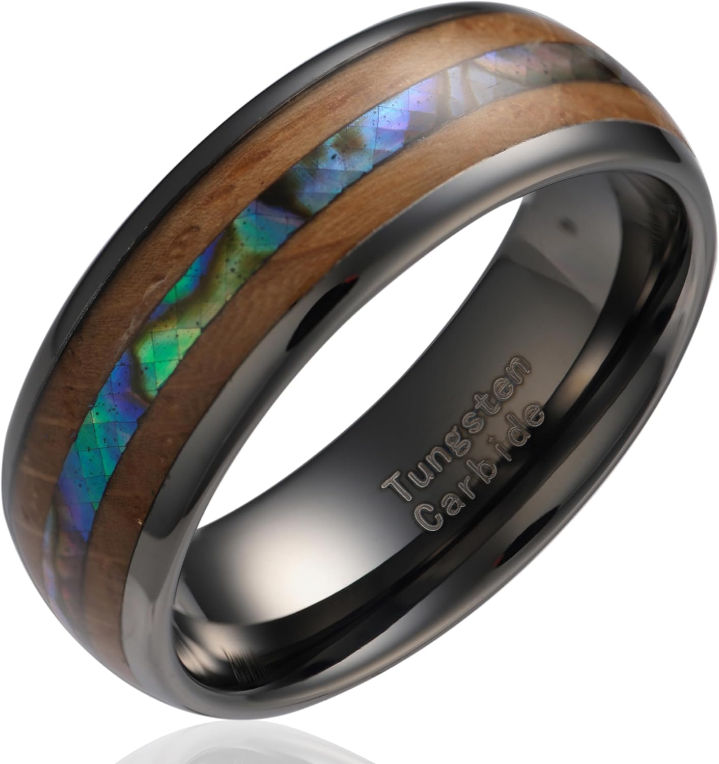 100S JEWELRY Engraved Personalized Abalone & Whiskey Barrel Wood Gunmetal Tungsten Rings For Men Wedding Promise Band Size 6-16