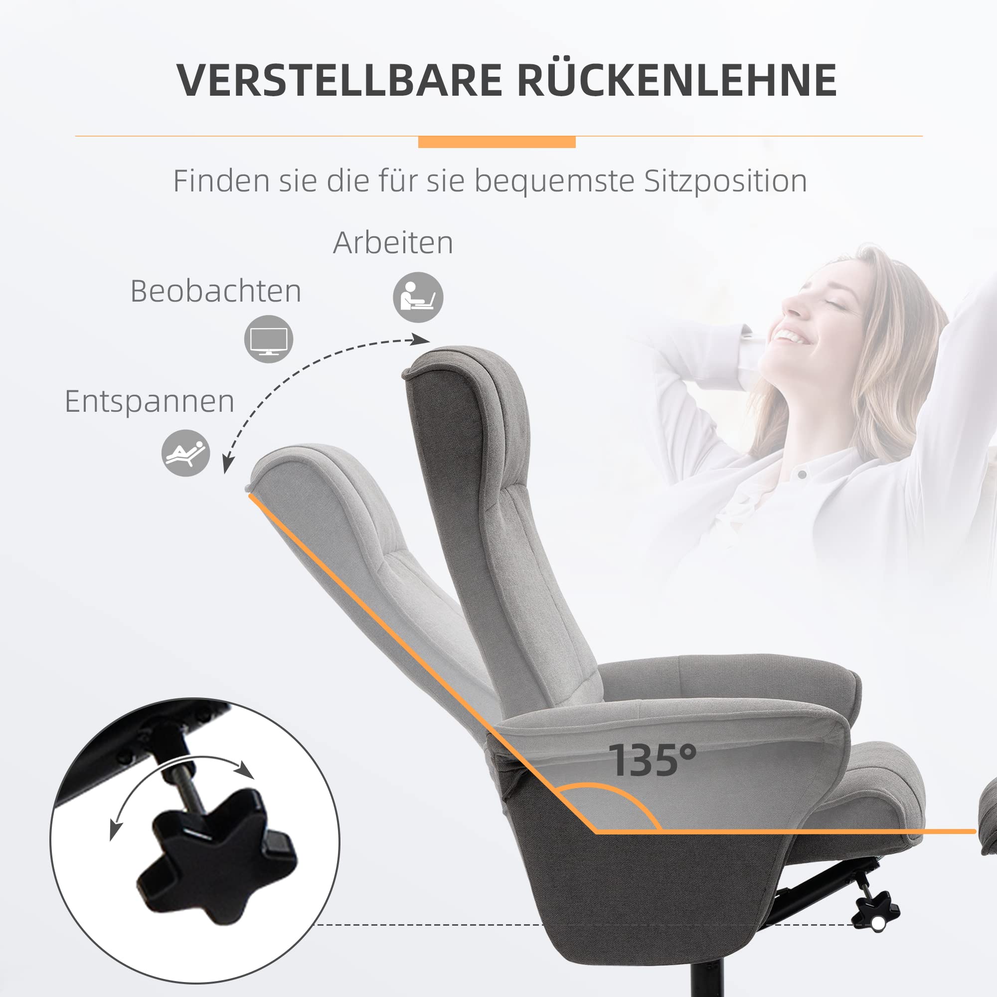 HOMCOM Relaxsessel mit Hocker, 360°drehbarer Fernsehsessel mit Liegefunktion Gepolstert TV Sessel mit Samtoptik für Wohnzimmer, Dunkelgrau