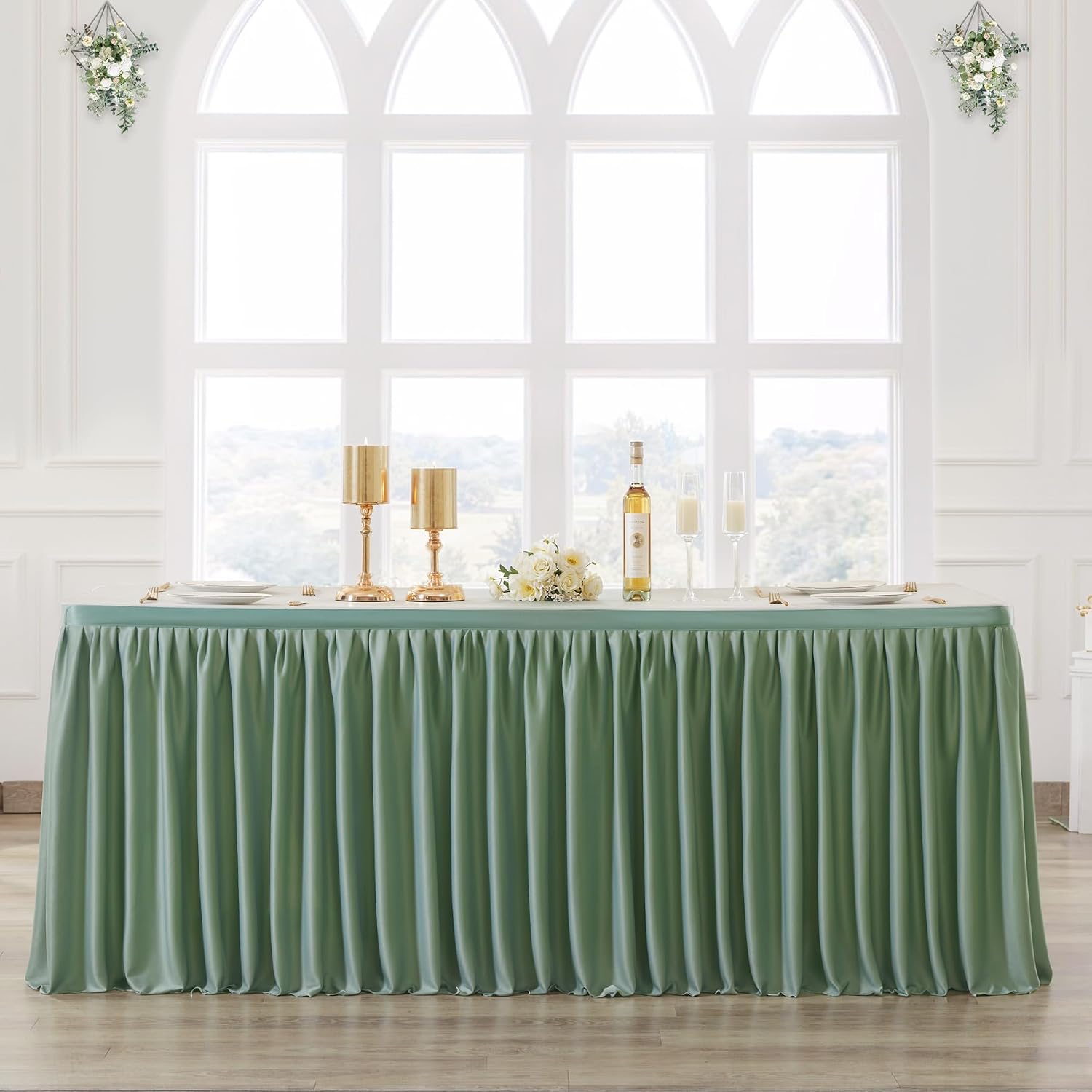 Partisky Sage Green Polyester Table Skirt for Rectangle Tables 9ft, Wrinkle Resistant Pleated Ruffle Table Cloth for Wedding Baby Shower