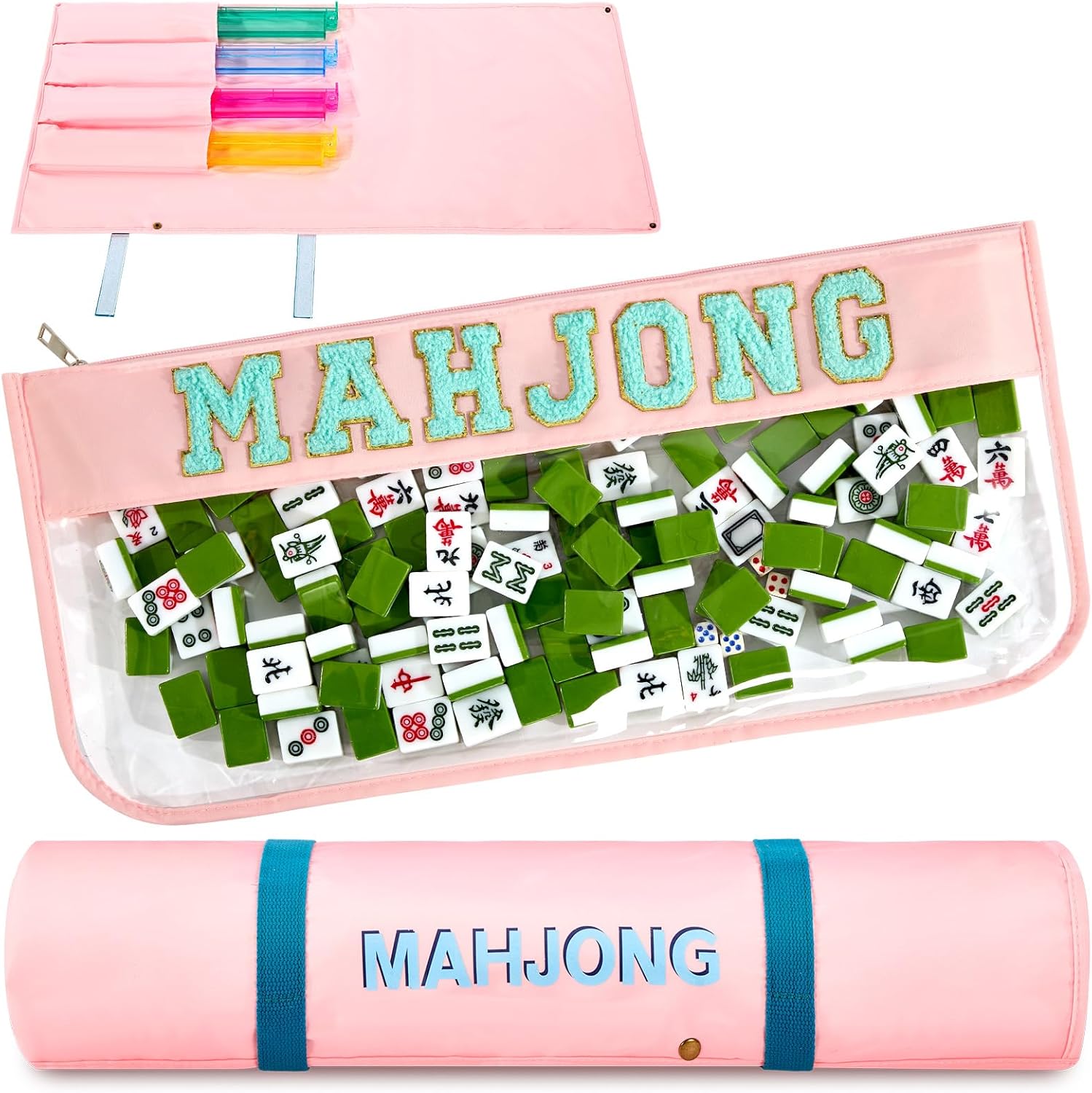 2 Pcs Mahjong Bags for Tiles and Racks Include Mahjong Tile Bag & Rack Bag, 37 Inch Protective Sleeve Tile Gift Accessory with Zipper & Letter for Mahj Pusher, Not Include Racks& Tiles(Pink)