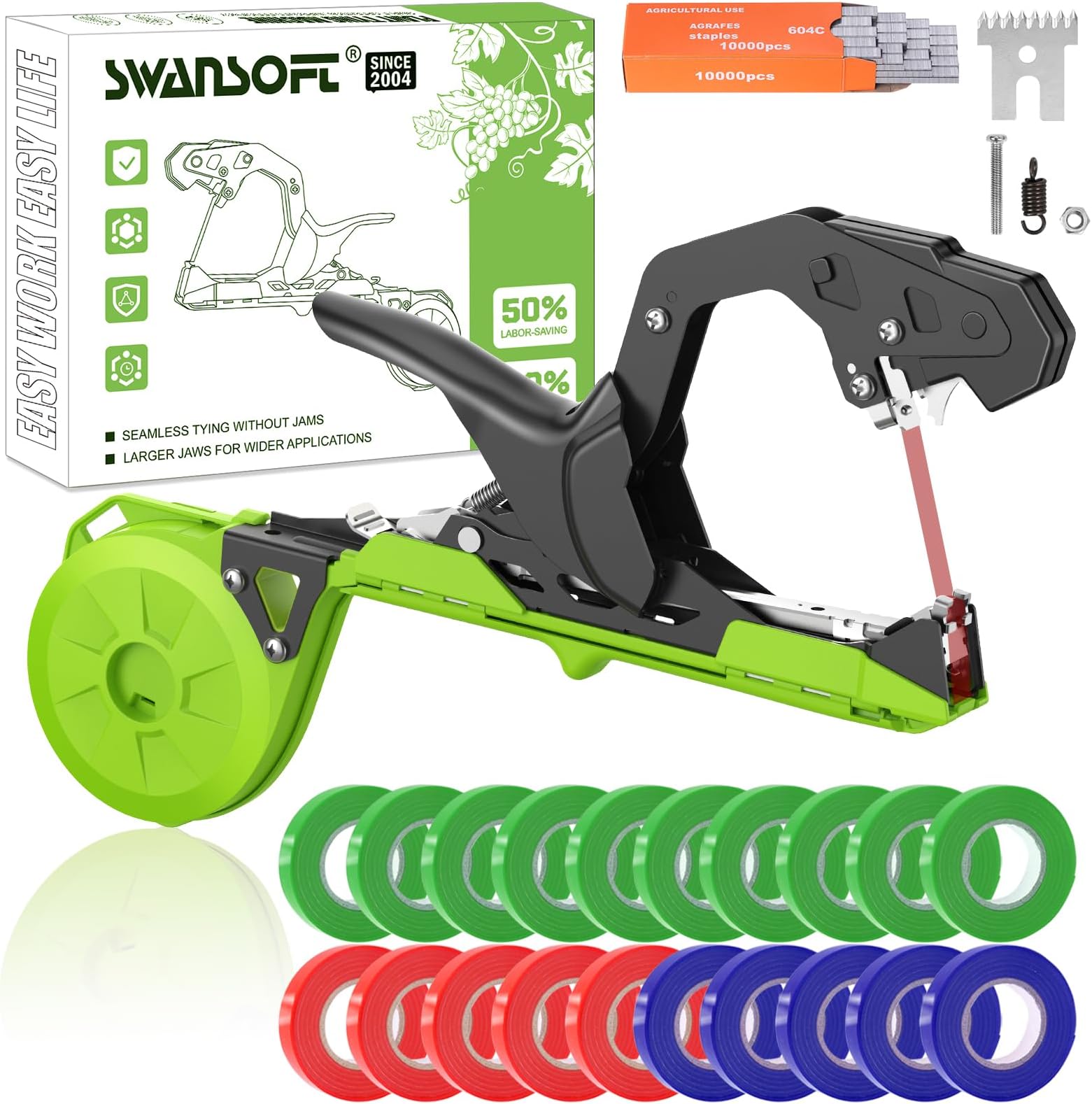 - SWANSOFT Plant Tying Machine, Lightweight Plant Vine Tying Tape Machine Tool, Planting Tape Gun for Tomatoes, Grapes and Vegetable Garden, Come with 20000pcs Staples 20 Rolls (Green-New)