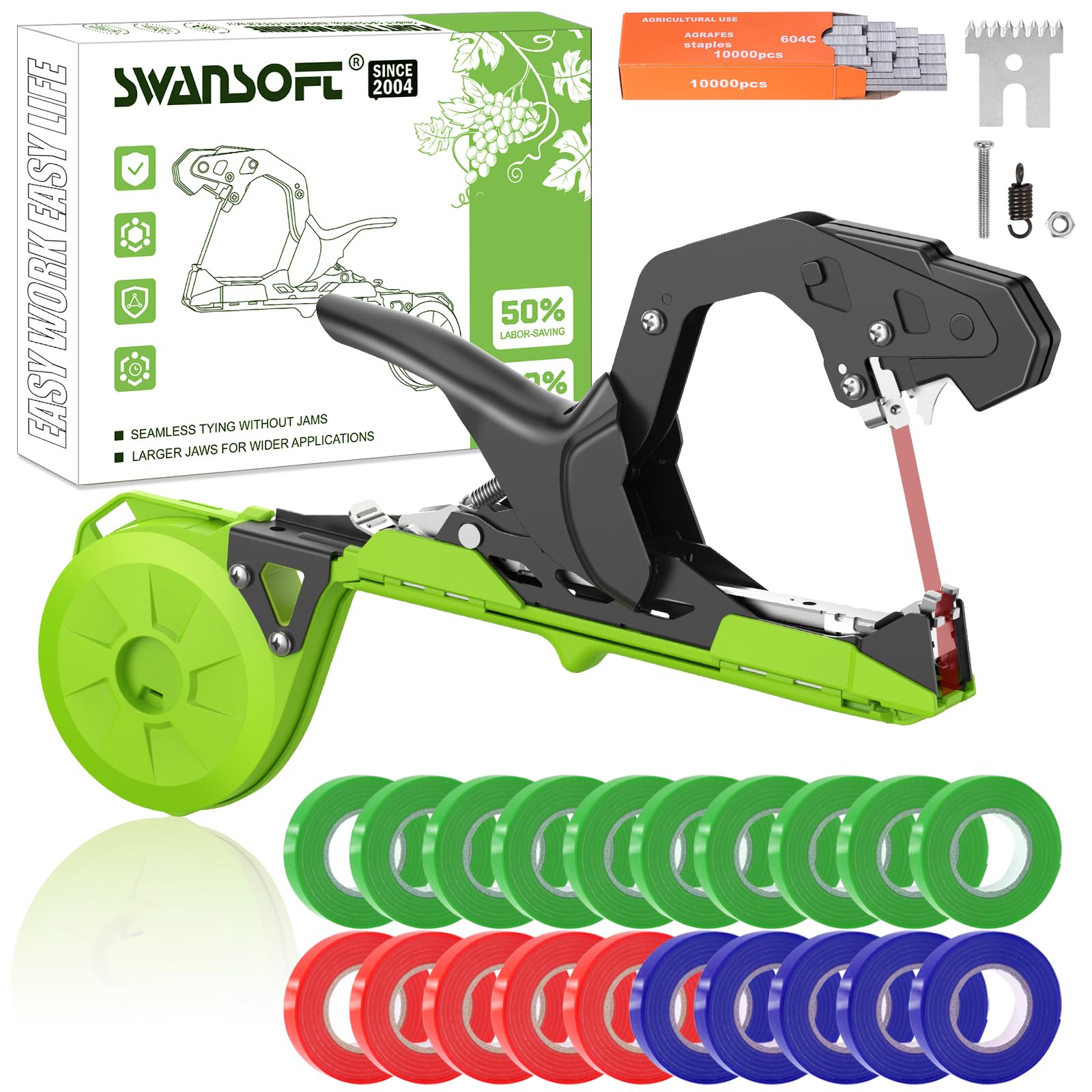 SWANSOFT Machine à attacher les plantes, outil léger pour attacher les plantes, les tomates, les raisins et les potagers, livré avec 20 000 agrafes, 20 rouleaux de ruban adhésif (vert)