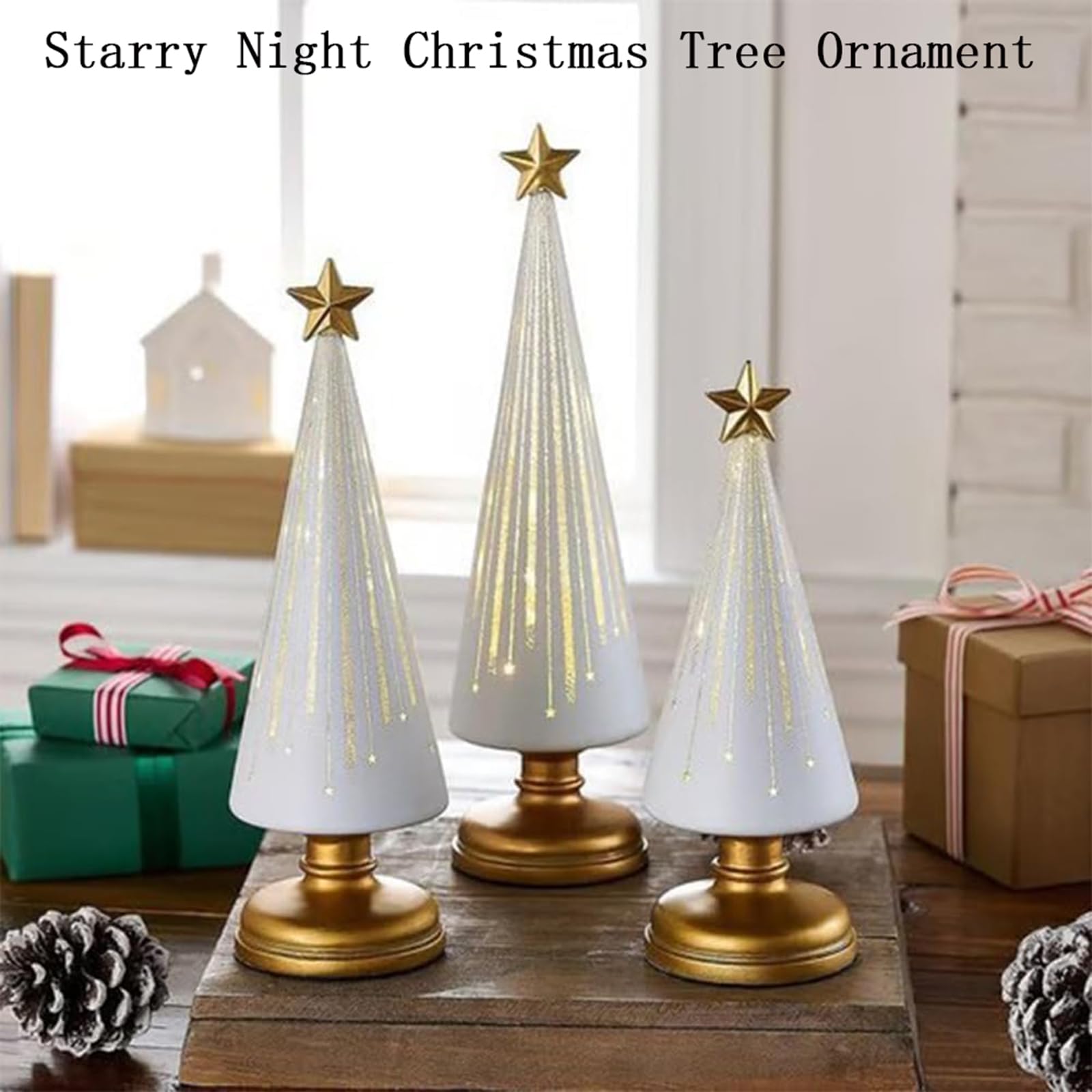 Timer Lighted Sparkling Starry Night Glass Trees,3 Stück Starry Night Bäume,Gradient Glass Weihnachtsbaum Mit LED-Licht,Festliche Lebkuchen-Design Dekoration Für Resin-Weihnachtsanhänger-Black||3pcs