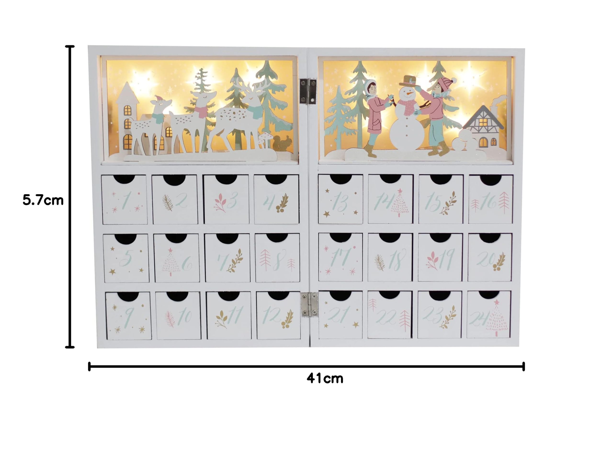 PE Calendario de Adviento de madera de Navidad con cajones, escena de invierno, calendarios rellenables con luz LED, decoración de cuenta regresiva para adultos y niños (blanco)