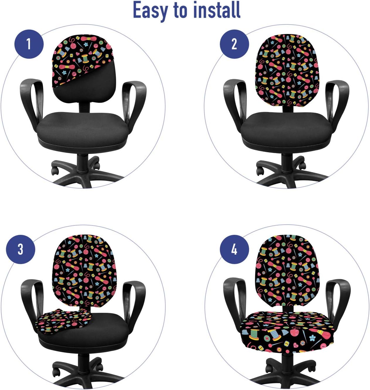 Ambesonne Hobby Office Chair Slipcover, Colorful Sewing Tools on The Dark Background Handicraft Needlework Knit Theme, Decorative Stretch and Washable Fabric Cover, Standard Size, Multicolor Pink