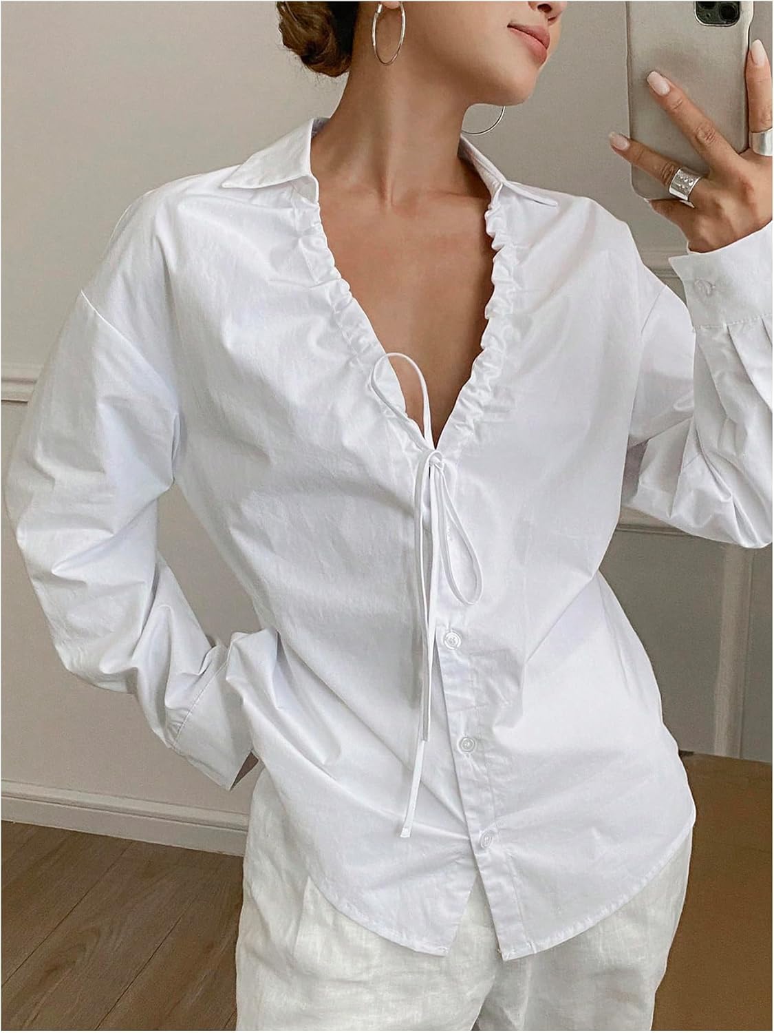WDIRARA Women's Drawstring Front Collared V Neck Blouse Button Down Shirt Long Sleeve Dressy Tops - Image 4