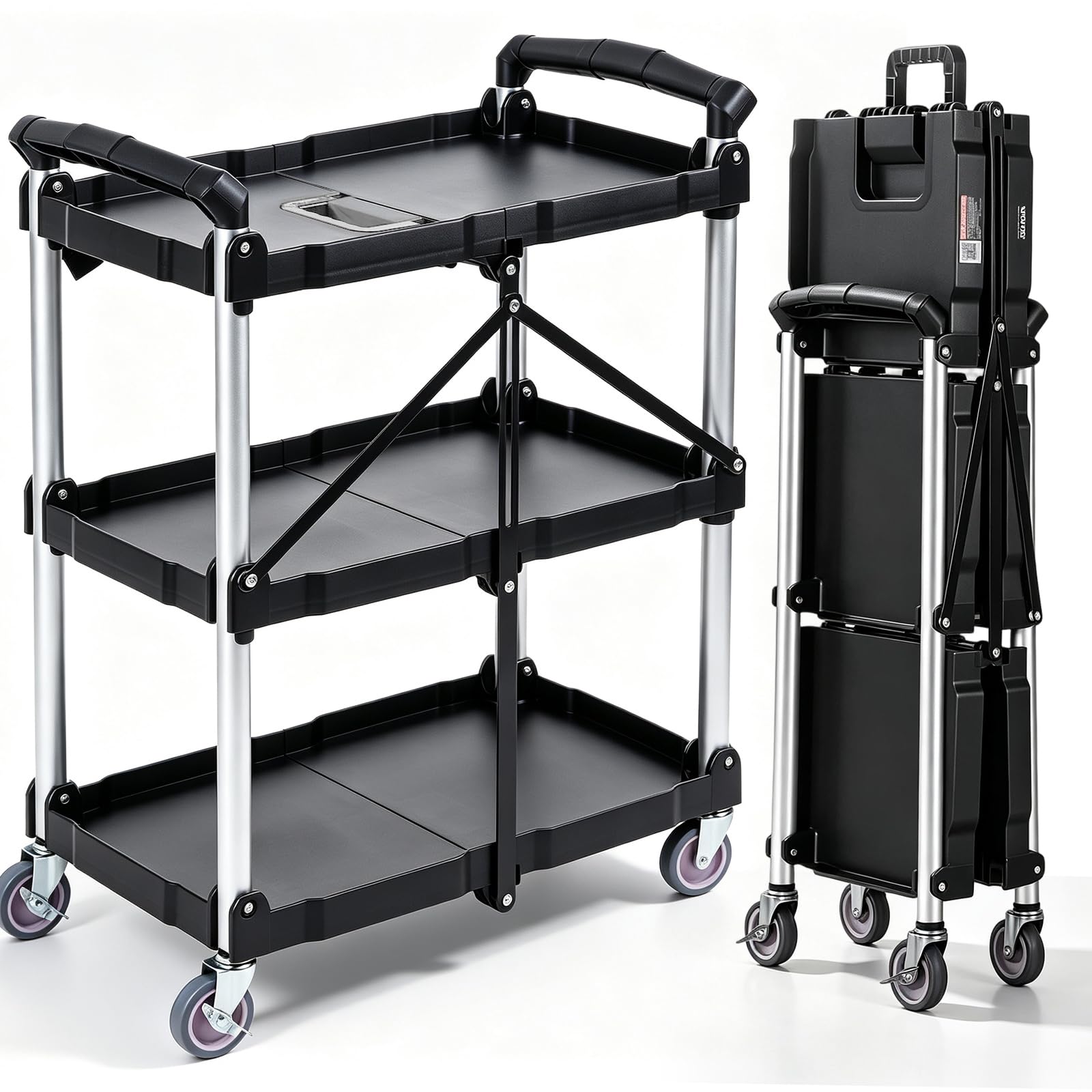 VEVOR Faltbarer Allzweckwagen, 75 kg, 3 Ablagen, robuster Kunststoff-Rollwagen mit 360° drehbaren Rädern (2 mit Bremsen), ergonomischer Griff, tragbarer Garagen-Werkzeugwagen für Lager, Büro, Zuhause