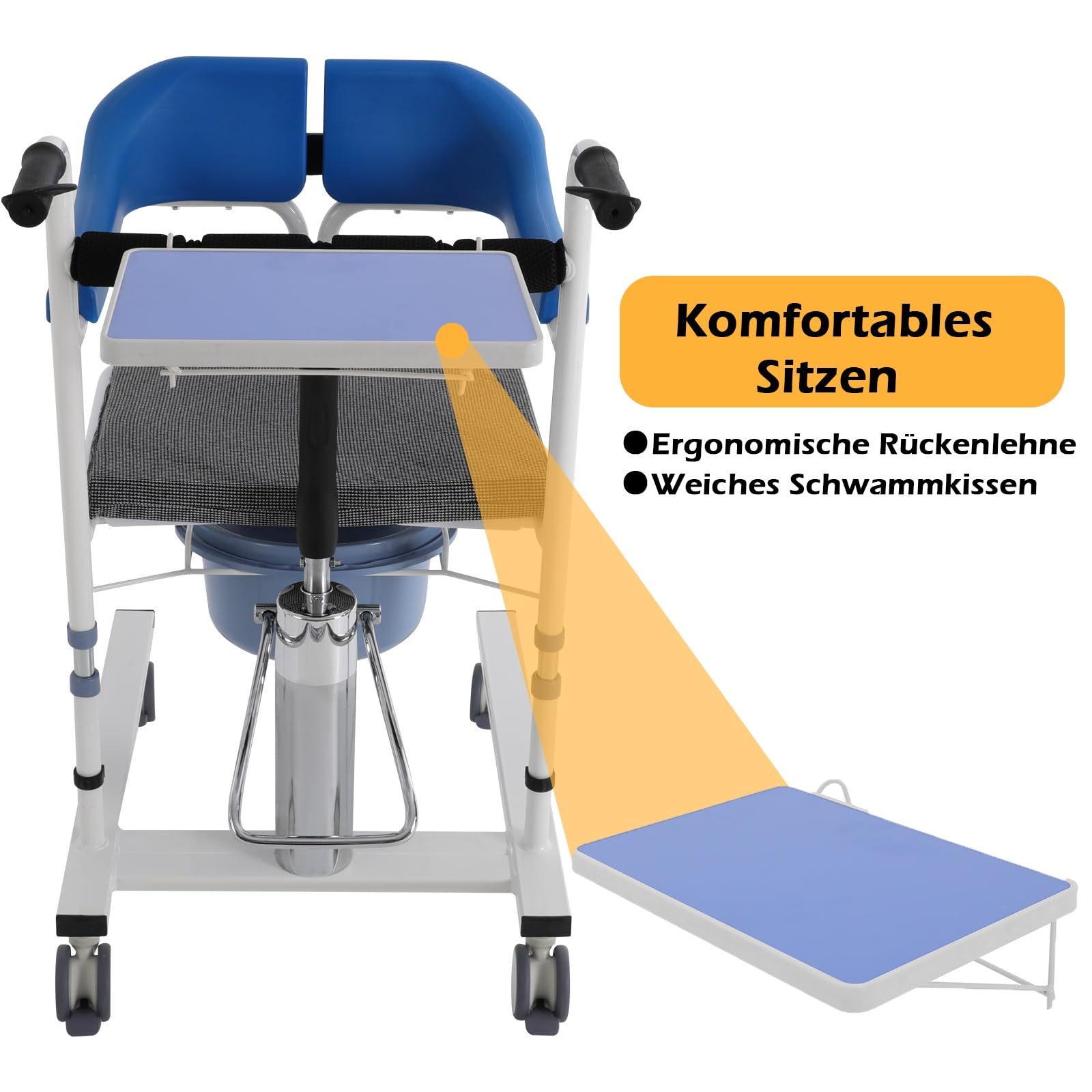OUKANING Patientenlifter Transferstuhl - Duschrollstuhl HöhenverstellbarToilettenstuhl mit Rollen Bis 100 kg Belastbar Nachtstuhl Badezimmerrollstuhl mit Rollen für Senioren Behinderte (Blau)