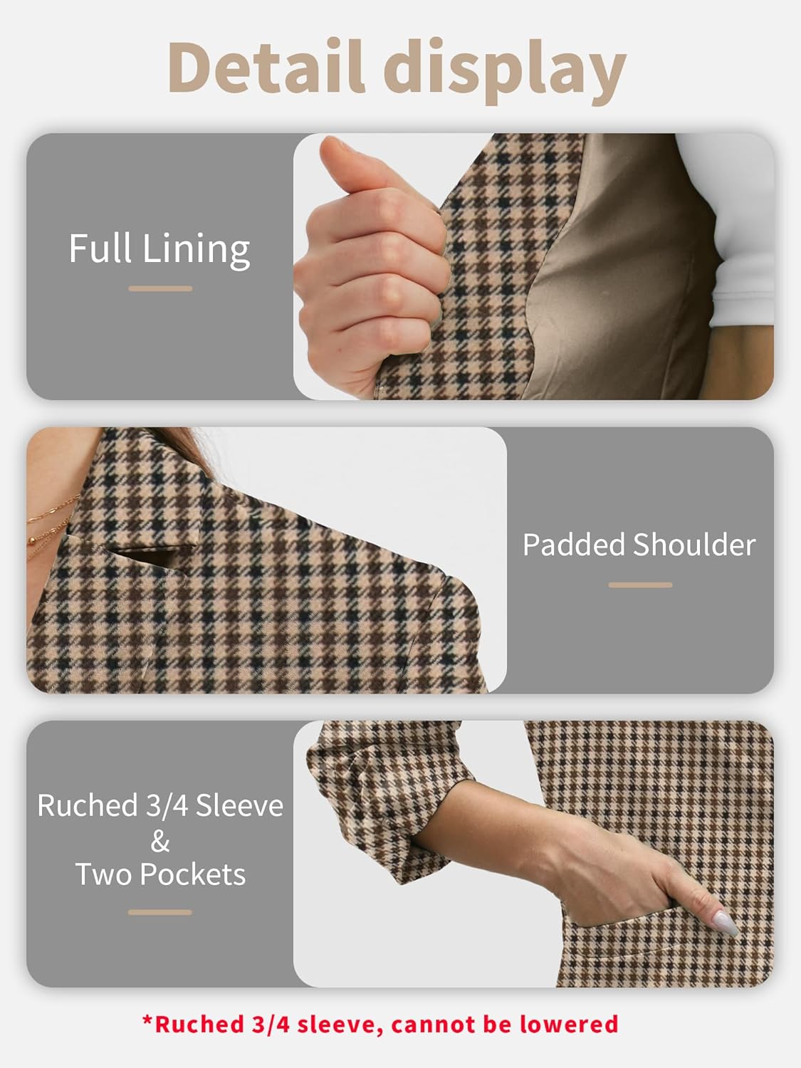 ELLEVEN Women's Ruched 3/4 Sleeve Blazers, Lightweight Slim Fit Jackets with Padded Shoulder for Business Casual - Image 5