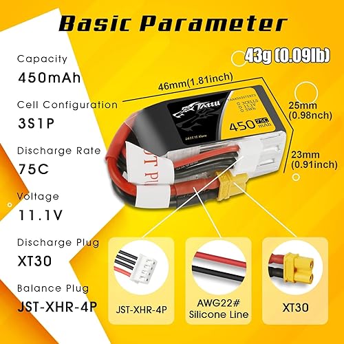 Miniatura 2 de TATTU Batería LiPo de 11.1V 3S 450mAh 75C con enchufe XT30 (2 piezas)