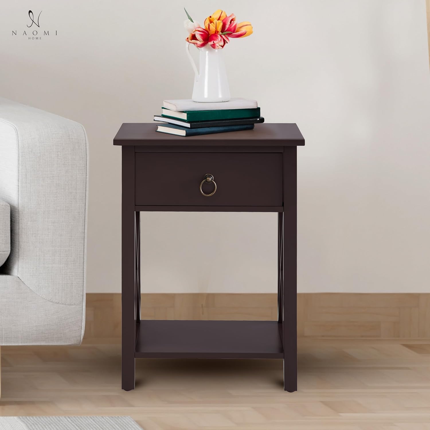 Espresso Solid Wood Small End Table with Drawer and Shelf