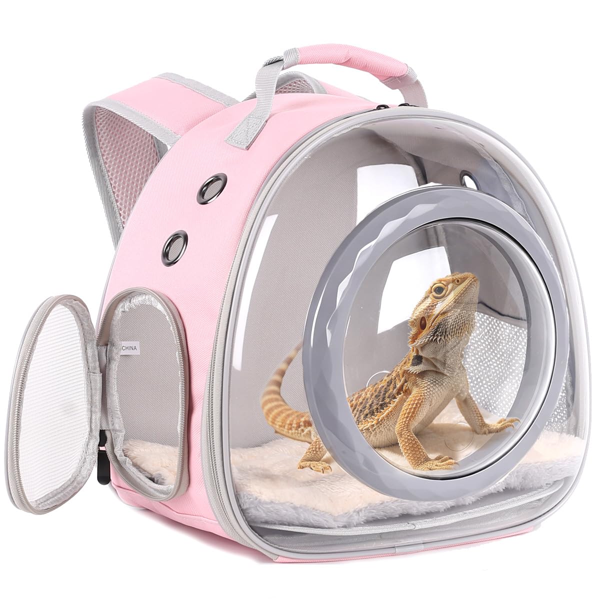 WEVONIGU Bearded Dragon Backpack Carrier with Clear Bubble Dome Window Large Space & Breathable Travel Cage with Soft Mat Airline Approved Pink 8.0"L x 7.0"W x 5.0"H